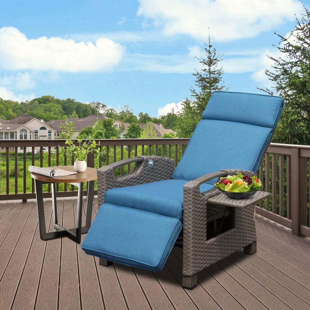 Outdoor Recliner Chair, Patio Recliner with Hand-Woven Wicker, Flip Table Push Back, Adjustable Angle, Thickness Cushions