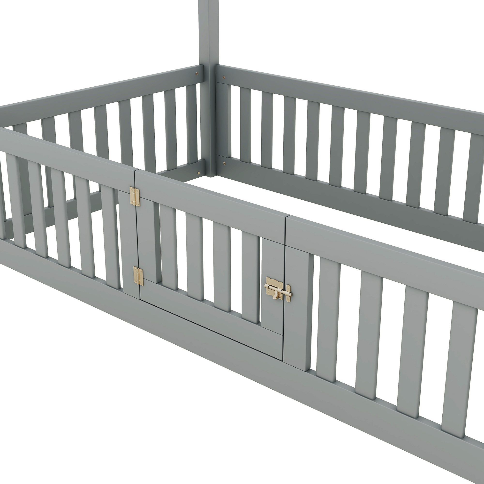 Twin/Full Size Wood House Bed with Fence and Door, Gray/White