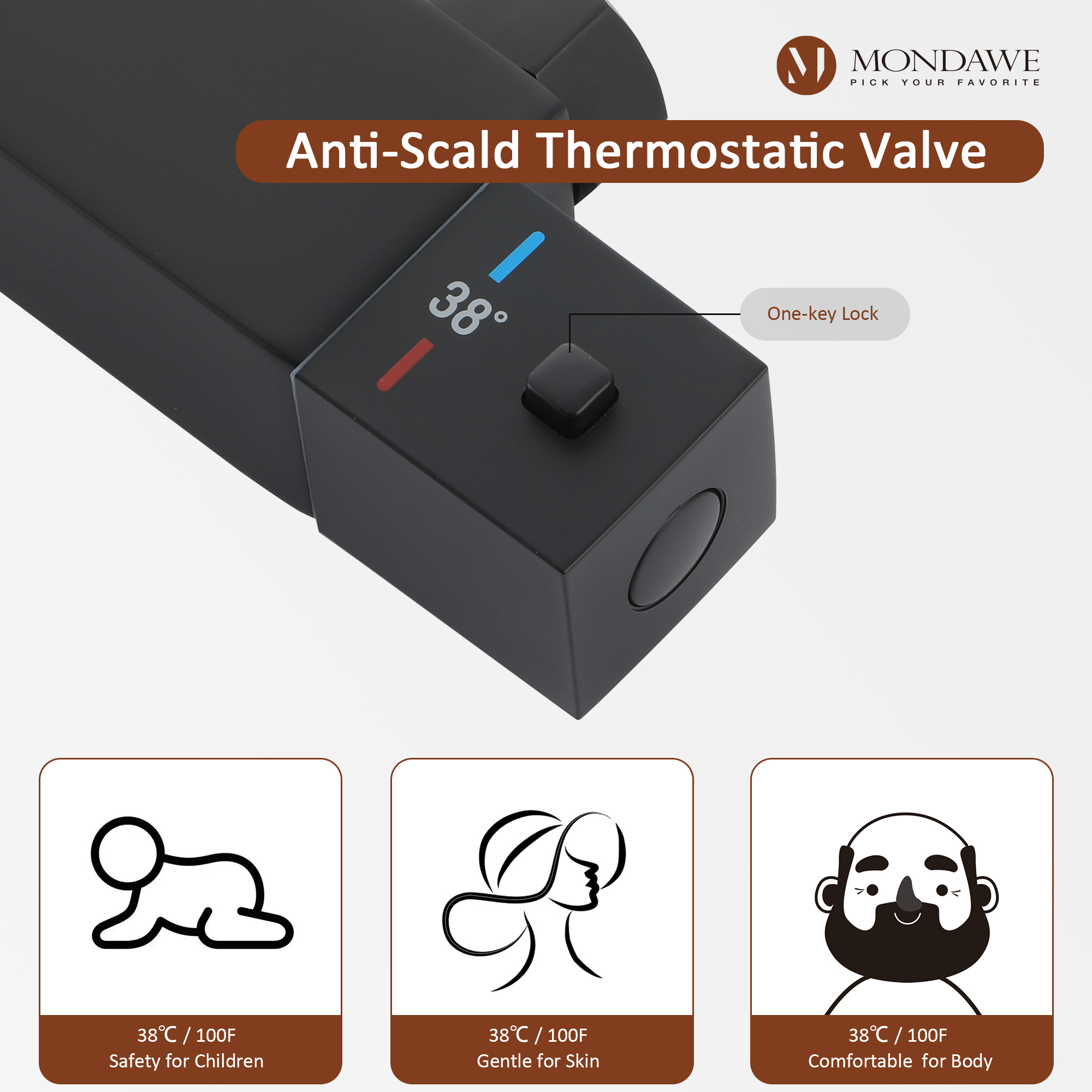 Mondawe Stainless Steel Thermostatic Shower Bar System in Black/Chrome(Square)-Mondawe