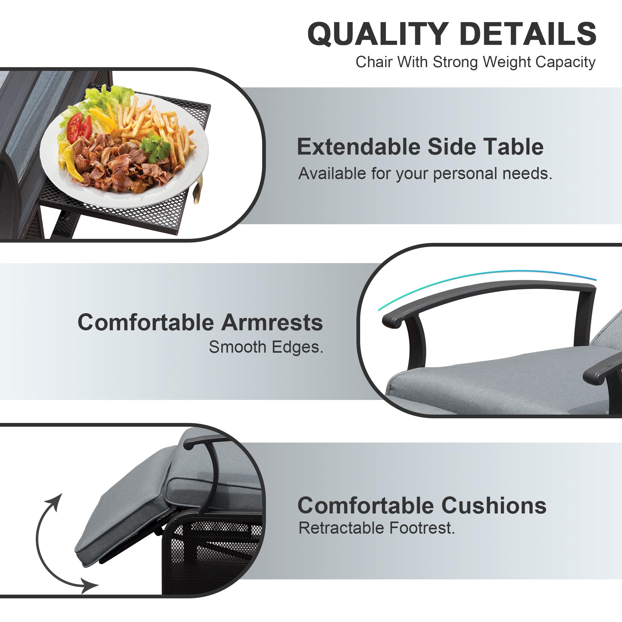 Adjustable Patio Recliner Chair Metal Outdoor Lounge Chair with Flip Table Push Back, Adjustable Angle, 6.8'' Removable Cushions, Support 350lbs, Beige/Gray/Navy Blue