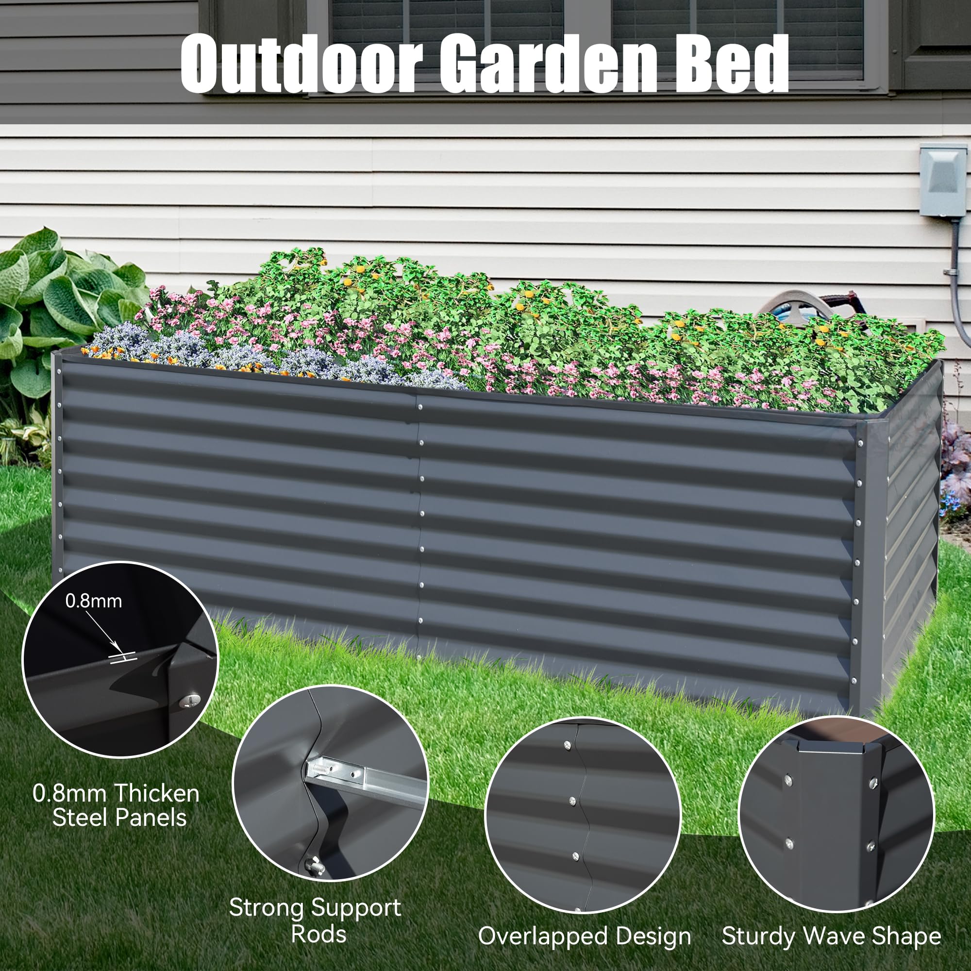 8x4x2 ft Galvanized Raised Garden Bed, Outdoor Planter Garden Boxes Large Metal Planter Box for Gardening Vegetables Fruits Flowers,Gray/Silver/Green