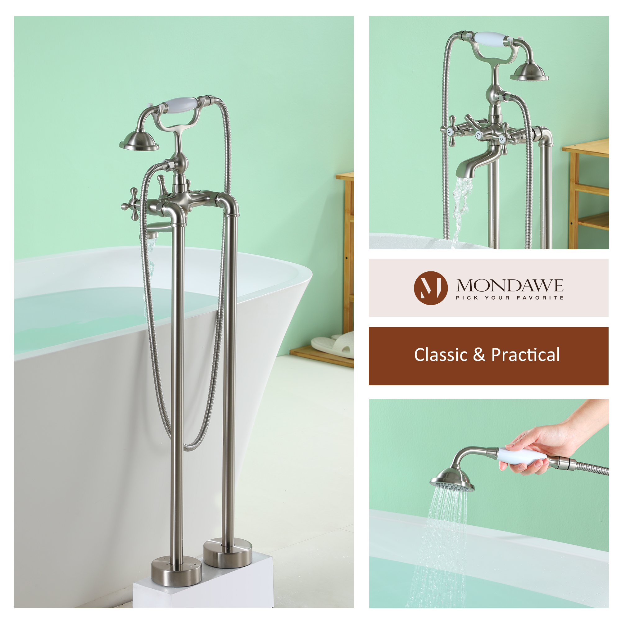 Mondawe 3-Handle Traditional Freestanding Bathtub Faucet(Brush Nickel)-Mondawe