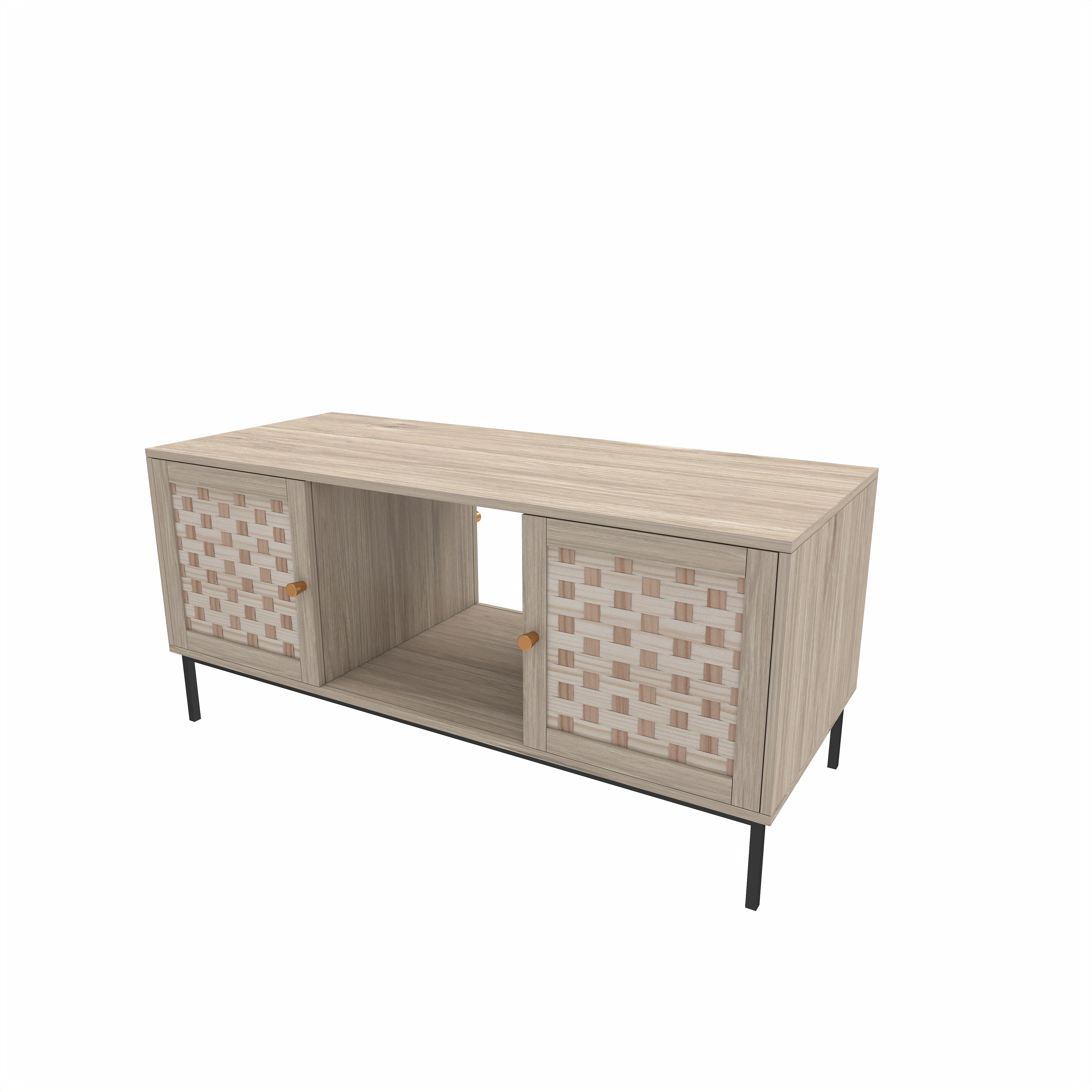Elegant Veener Weaving Design Coffee Table with 4 Sliding Door, Wooden Center Rectangular Table with Symmetrical Design Storage Cabinet 