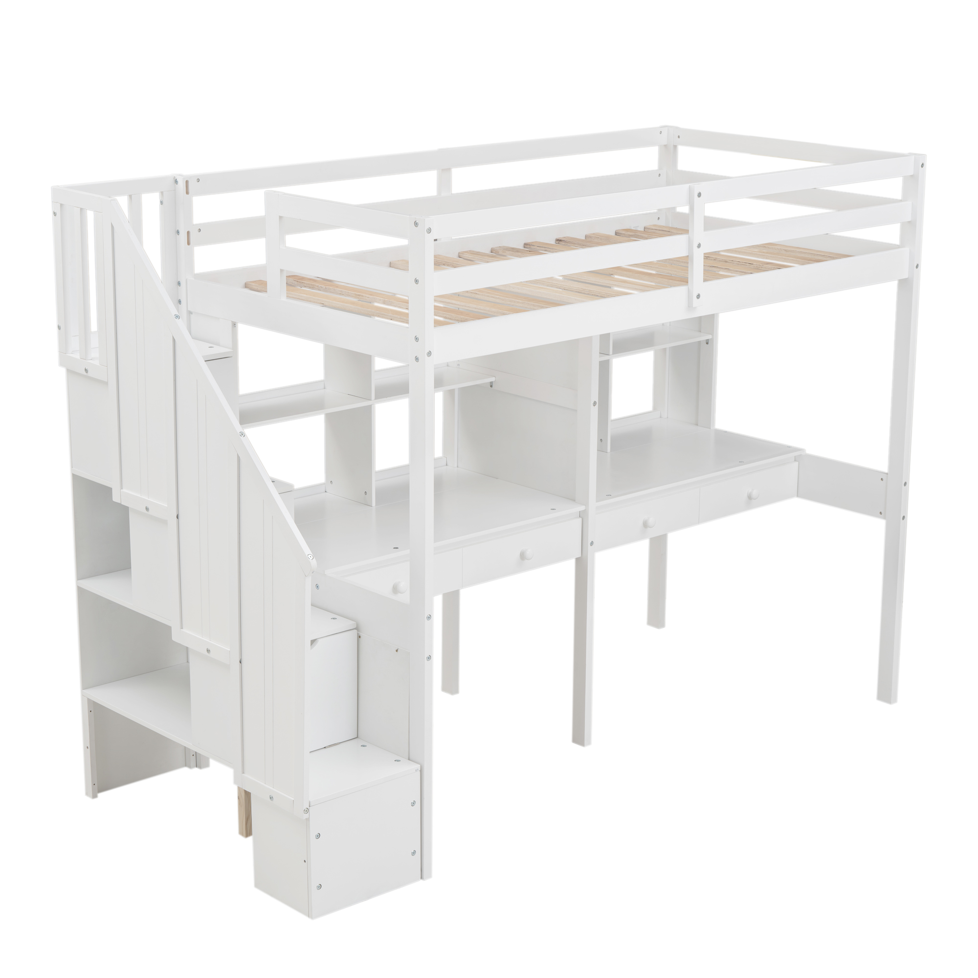 Twin Size Loft Bed Frame with Storage Staircase and Double Desks and Shelves,Gray/White