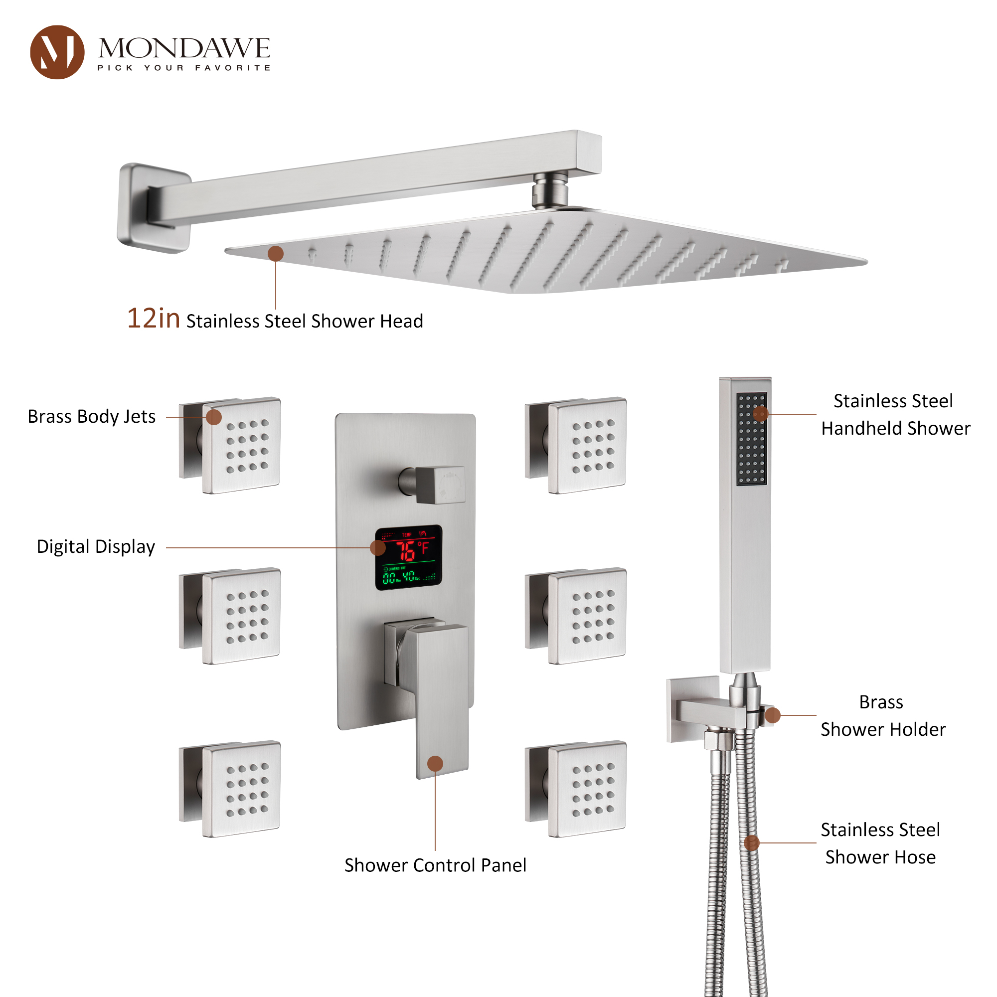 Mondawe Wall Mount Pressure Balanced Rain Shower Head System with Body Sprayers Handheld Shower and Digital Display-Mondawe