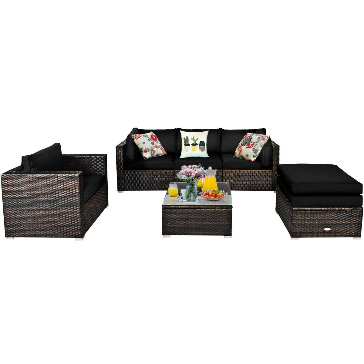 Mondawe 6 Pcs Patio Rattan Furniture Set with Sectional Cushion-Black-Mondawe