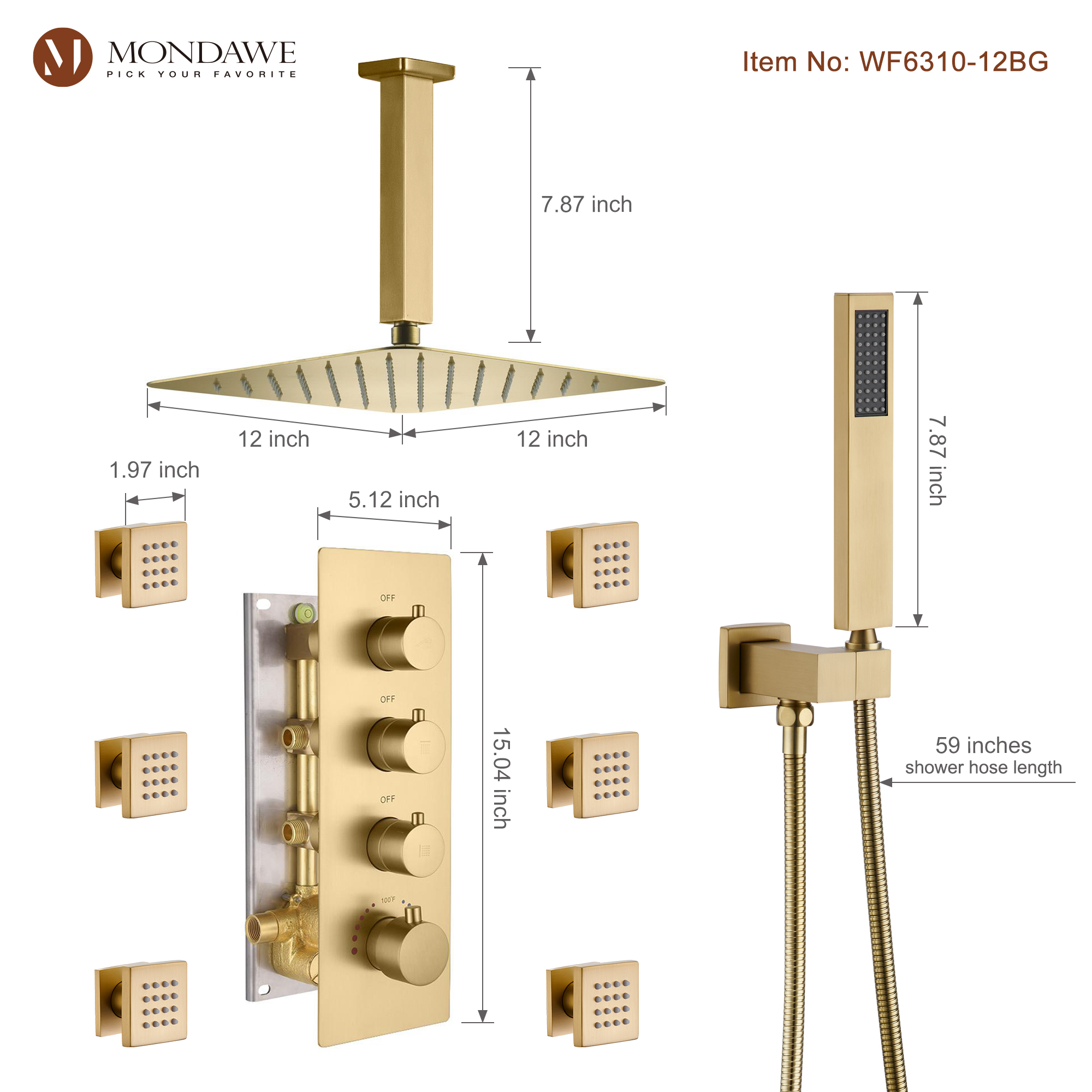 Mondawe Ceiling Mount Thermostatic Rainfall Shower System Set with Hand Held Shower Head and 6 Body Jets-Mondawe