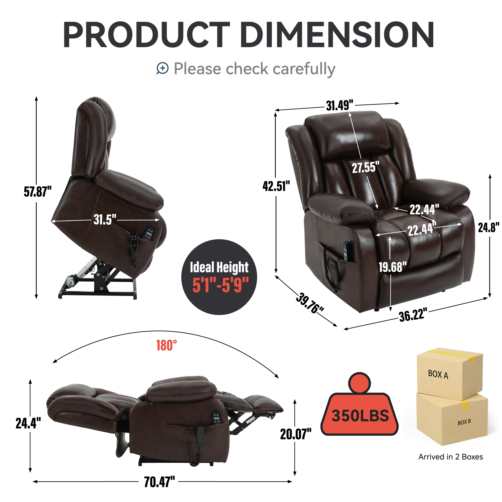Dual Motor Infinite Position Up to 350 LBS Electric Medium size Brown/Gray/Black/Antique Brown Power Lift Recliner Chair with 8-Point Vibration Massage and Lumbar Heating