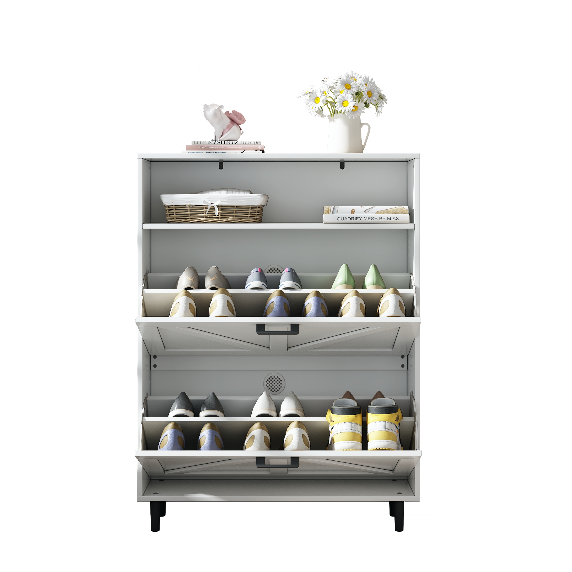 Farmhouse Shoe Storage Cabinet with Barn Door Design, Shoe Organizer with 2 Flip Drawers, Freestanding Narrow Shoe Rack Cabinet with Open Storage for Entryway,Foyer,Hallway,(Antique White/Natural Wood) 