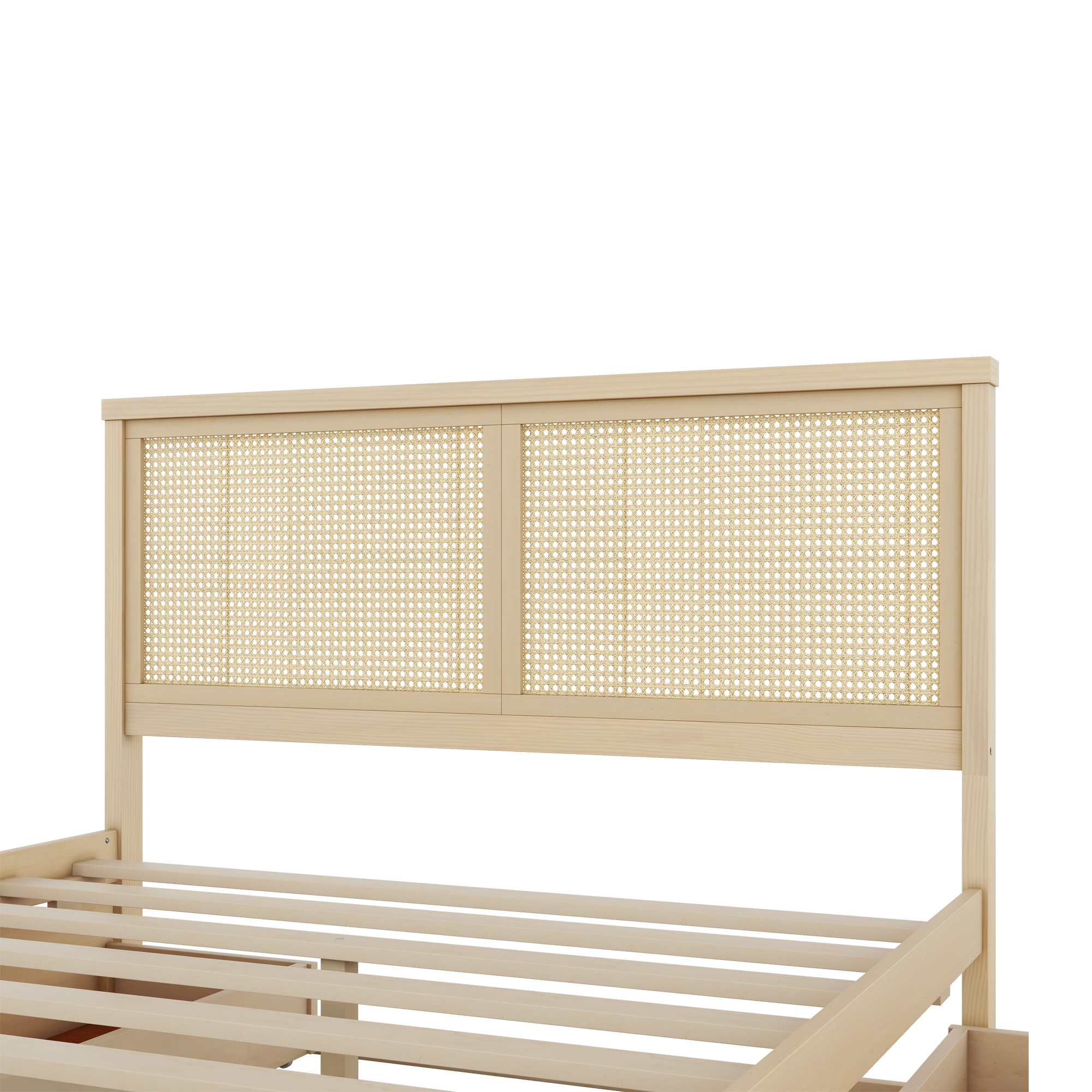 Queen/Full Size Wood Storage Platform Bed with 4 Drawers, Rattan Headboard, Espresso/Nature 