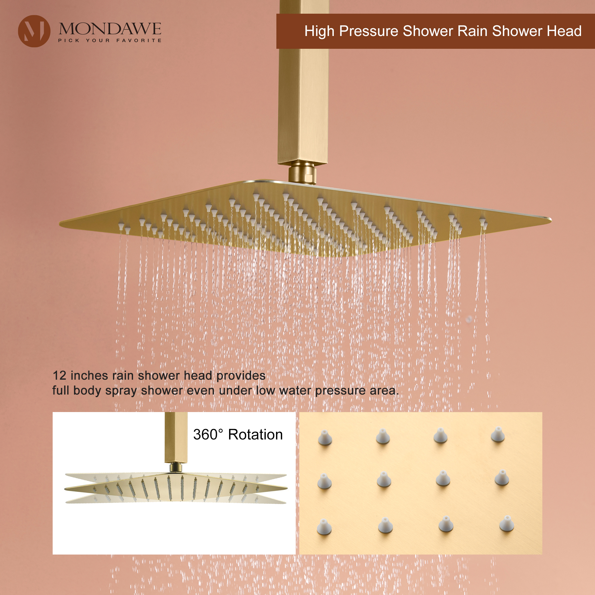 Mondawe Ceiling Mount Thermostatic Rainfall Shower System Set with Hand Held Shower Head and 6 Body Jets-Mondawe