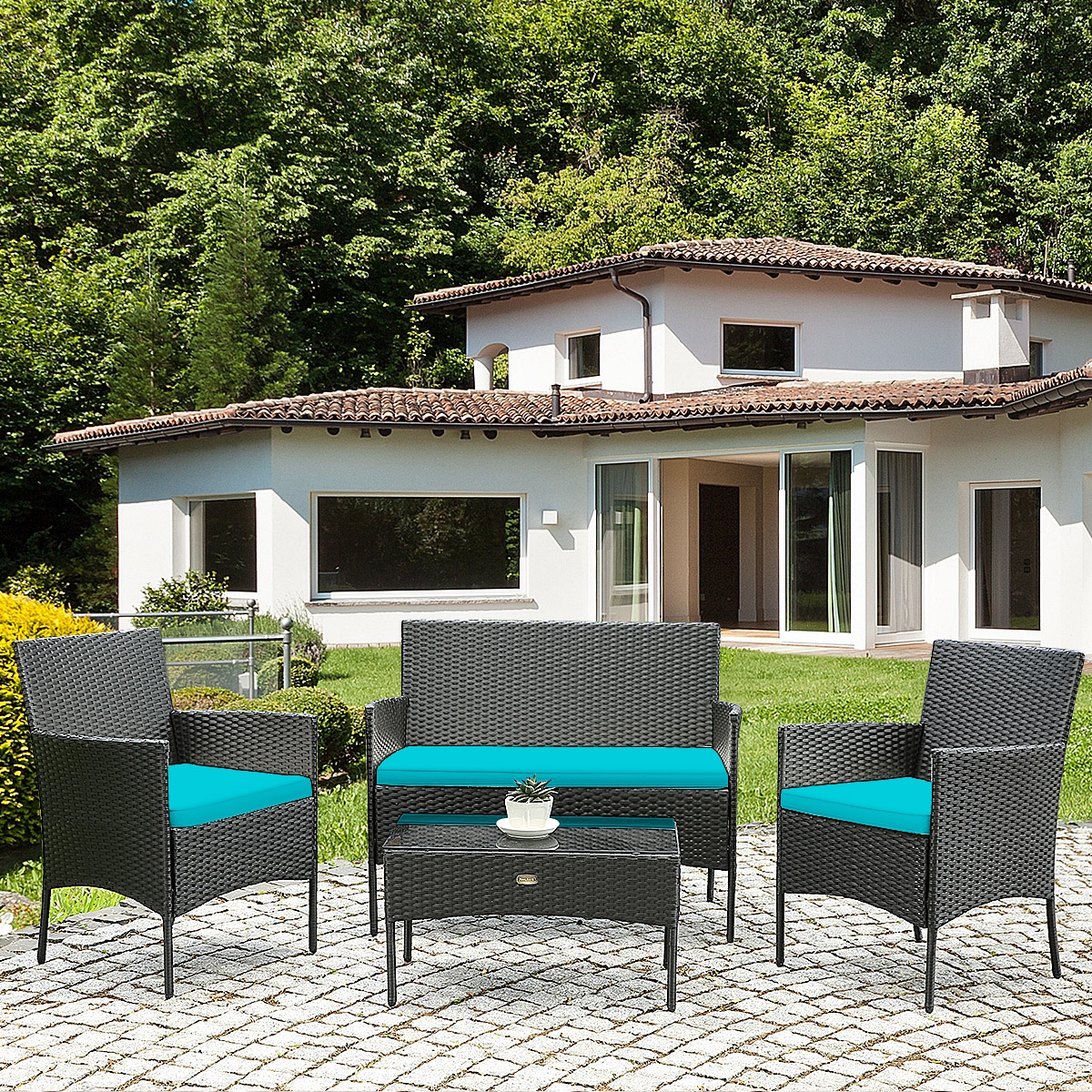 Mondawe 4 Pcs Patio Rattan Cushioned Sofa Furniture Set with Tempered Glass Coffee Table-Turquoise-Mondawe
