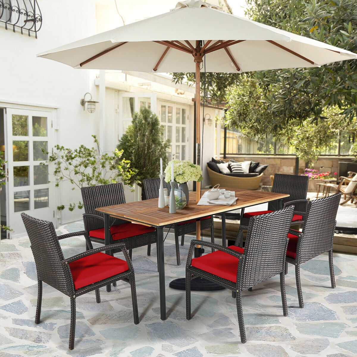 Mondawe 7Pcs Patio Rattan Cushioned Dining Set with Umbrella Hole-Red-Mondawe