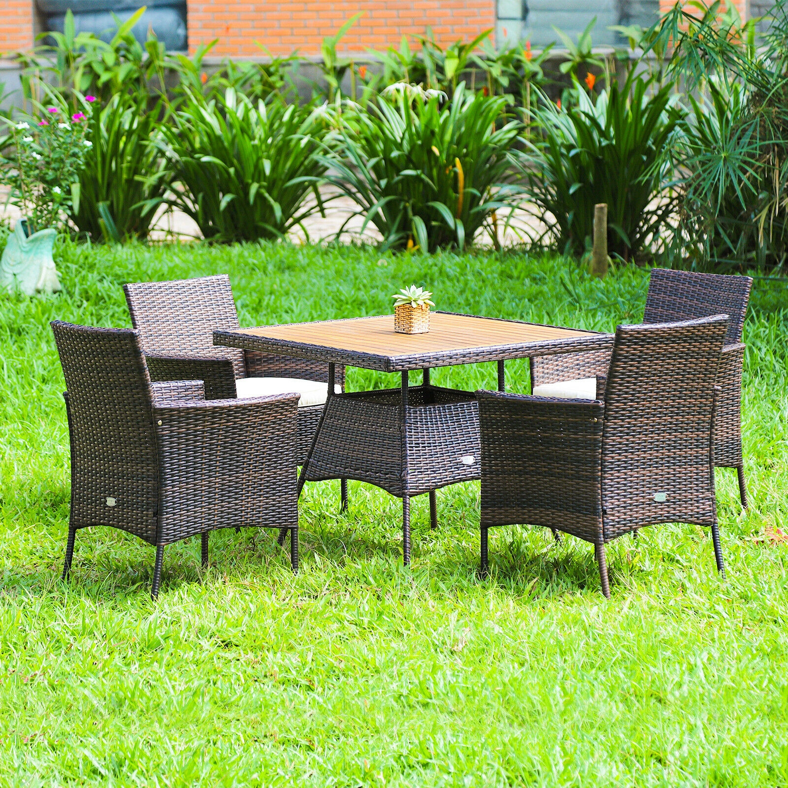 Mondawe 5 Pieces Patio Rattan Dining Furniture Set with Arm Chair and Wooden Table Top-Mondawe