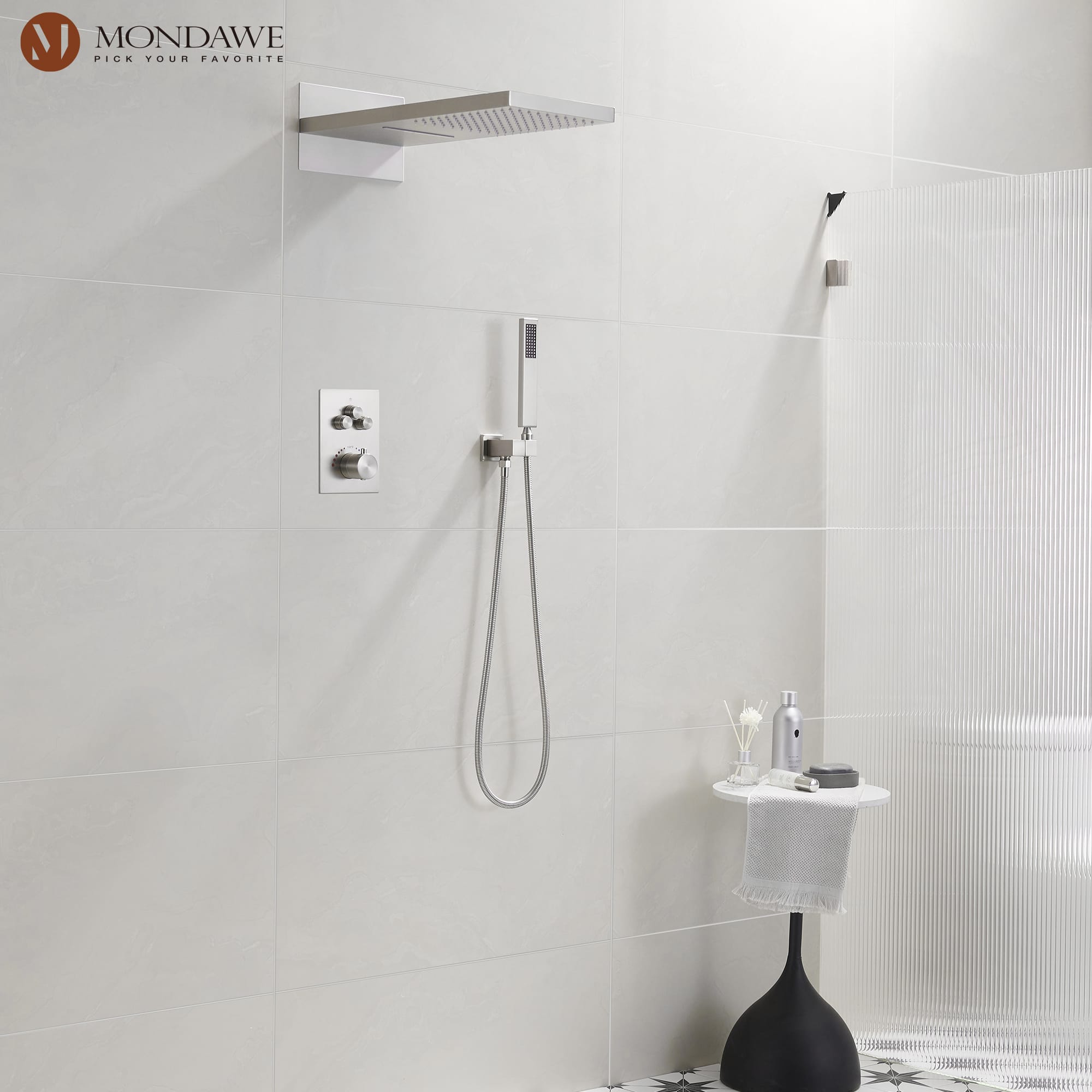 Mondawe 2 Functions Wall Mount Luxury Thermostatic Complete Shower System (Rough-In Valve Included) in Nickel/Black-Mondawe