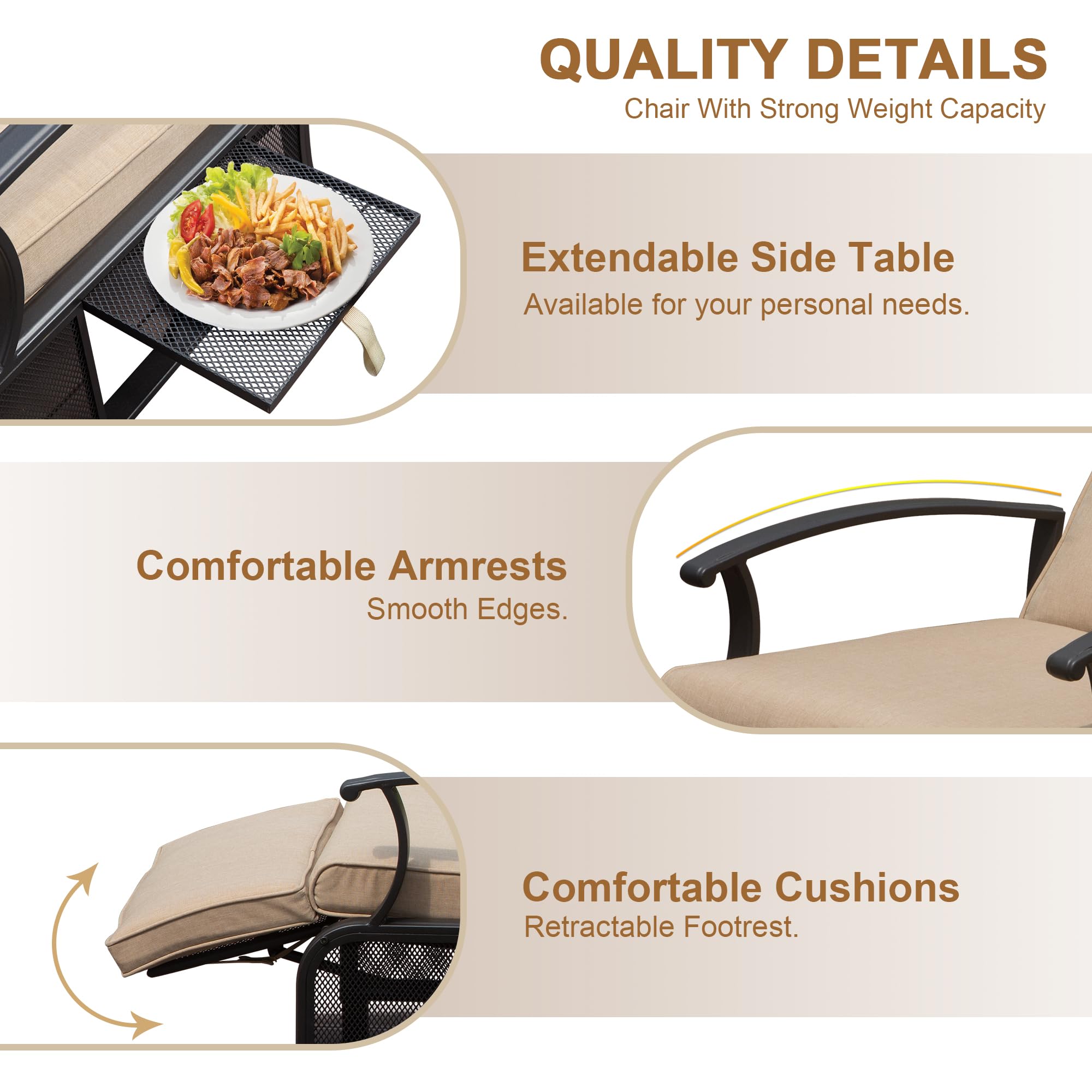 Adjustable Patio Recliner Chair Metal Outdoor Lounge Chair with Flip Table Push Back, Adjustable Angle, 6.8'' Removable Cushions, Support 350lbs, Beige/Gray/Navy Blue