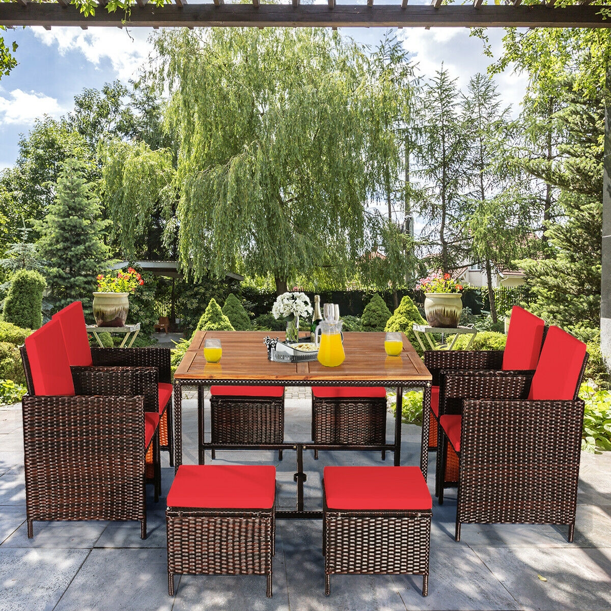 Mondawe 9PCS Patio Rattan Dining Cushioned Chairs Set-Red-Mondawe
