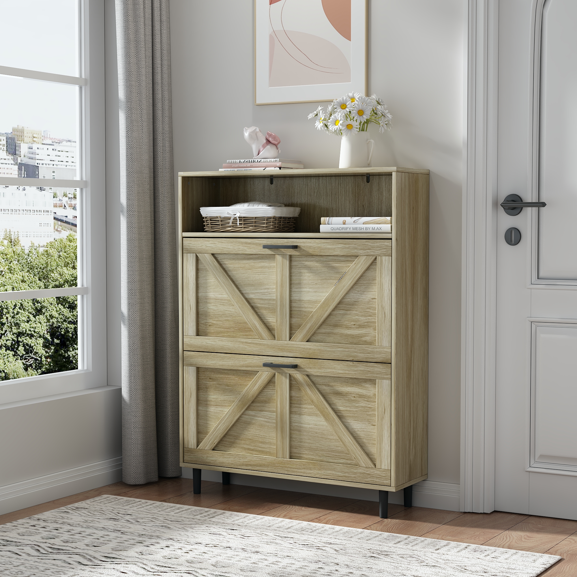 Farmhouse Shoe Storage Cabinet with Barn Door Design, Shoe Organizer with 2 Flip Drawers, Freestanding Narrow Shoe Rack Cabinet with Open Storage for Entryway,Foyer,Hallway,(Antique White/Natural Wood) 