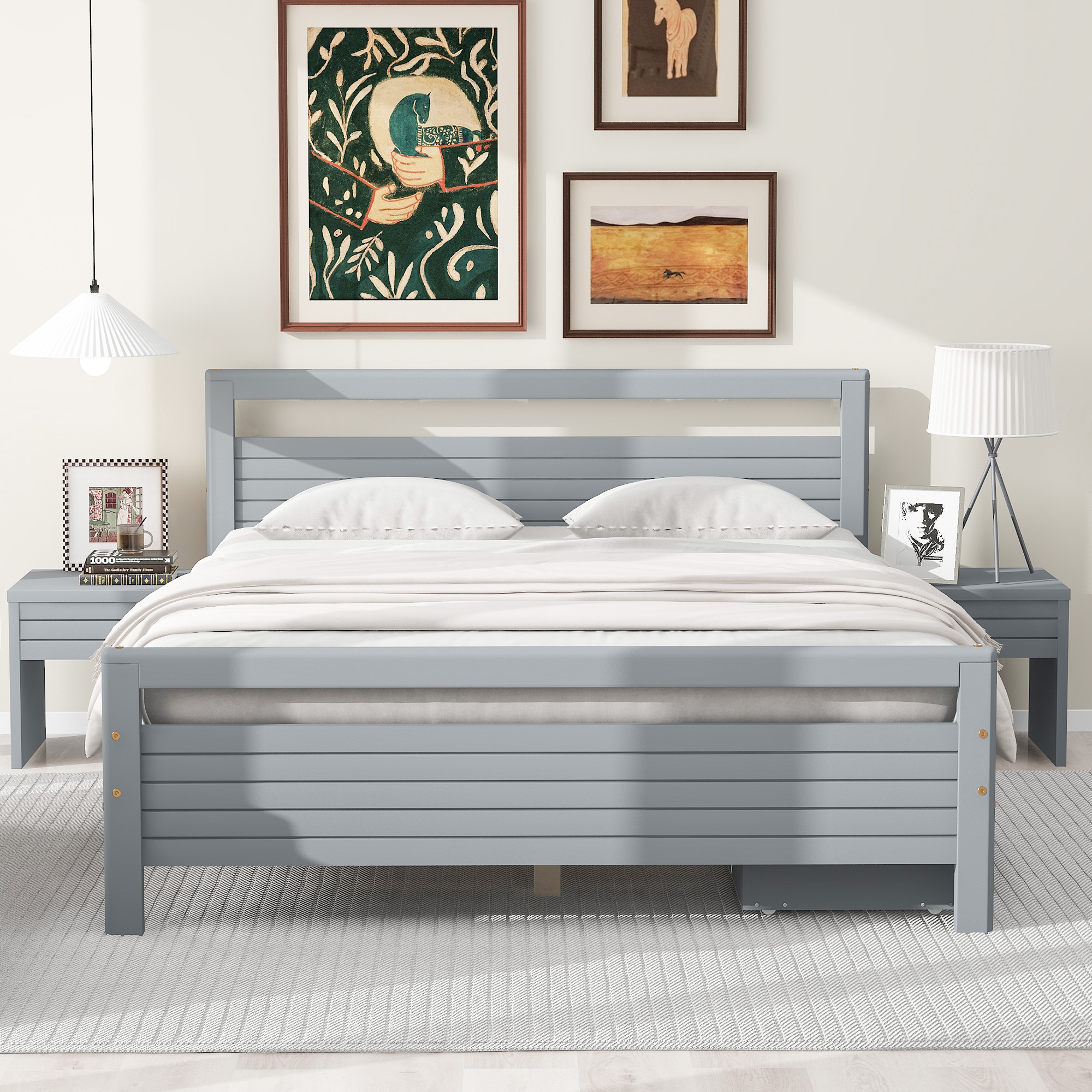 Queen Size Wooden Platform Bed with 2 Storage Drawers and 2 bedside tables, Gray/White 