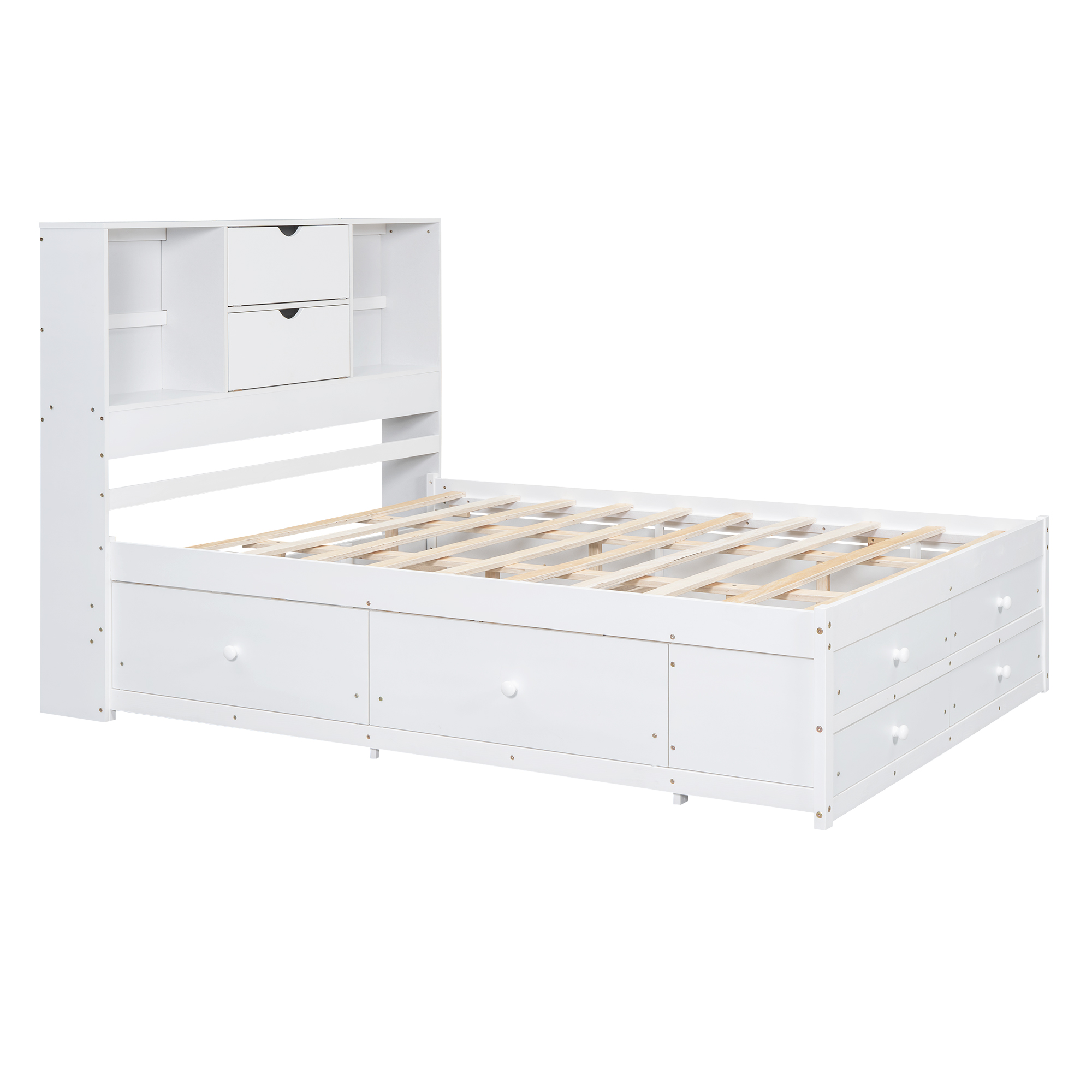 Queen/King Size Platform Bed with Storage Headboard and 8 Drawers, White/Gray