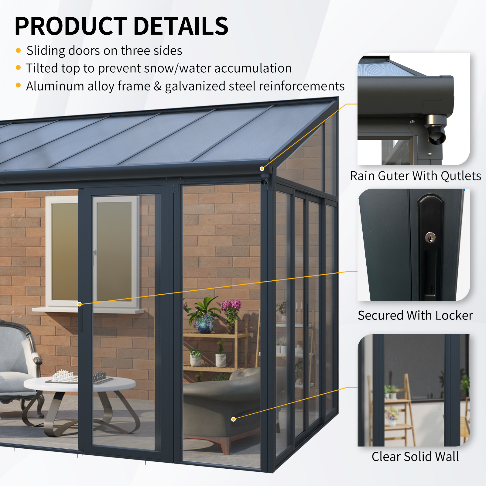 10×14 ft Enclosed Patio Cover with 3 Lockable Sliding Doors, All Season Sunroom with aluminum alloy frame ,Polycarbonate Roof and transparent solid PC endurance panel wall system for Garden Patio Deck