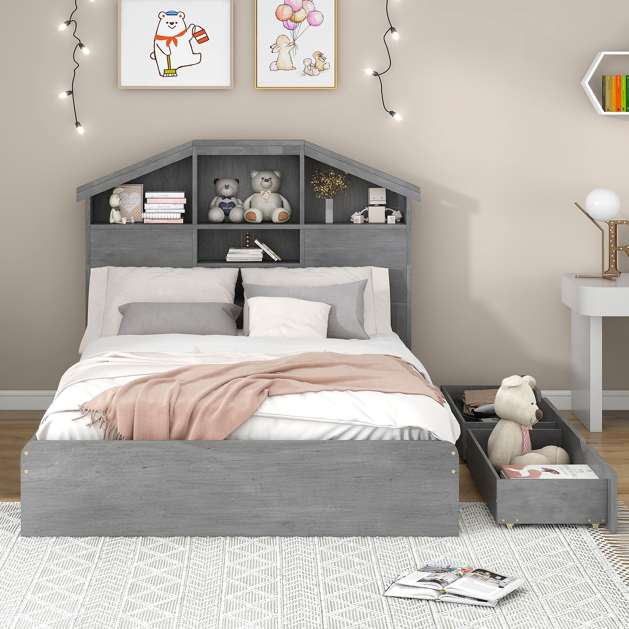 Full Size Wood Platform Bed with House-shaped Storage Headboard and 2 Drawers, Walnut/Gray