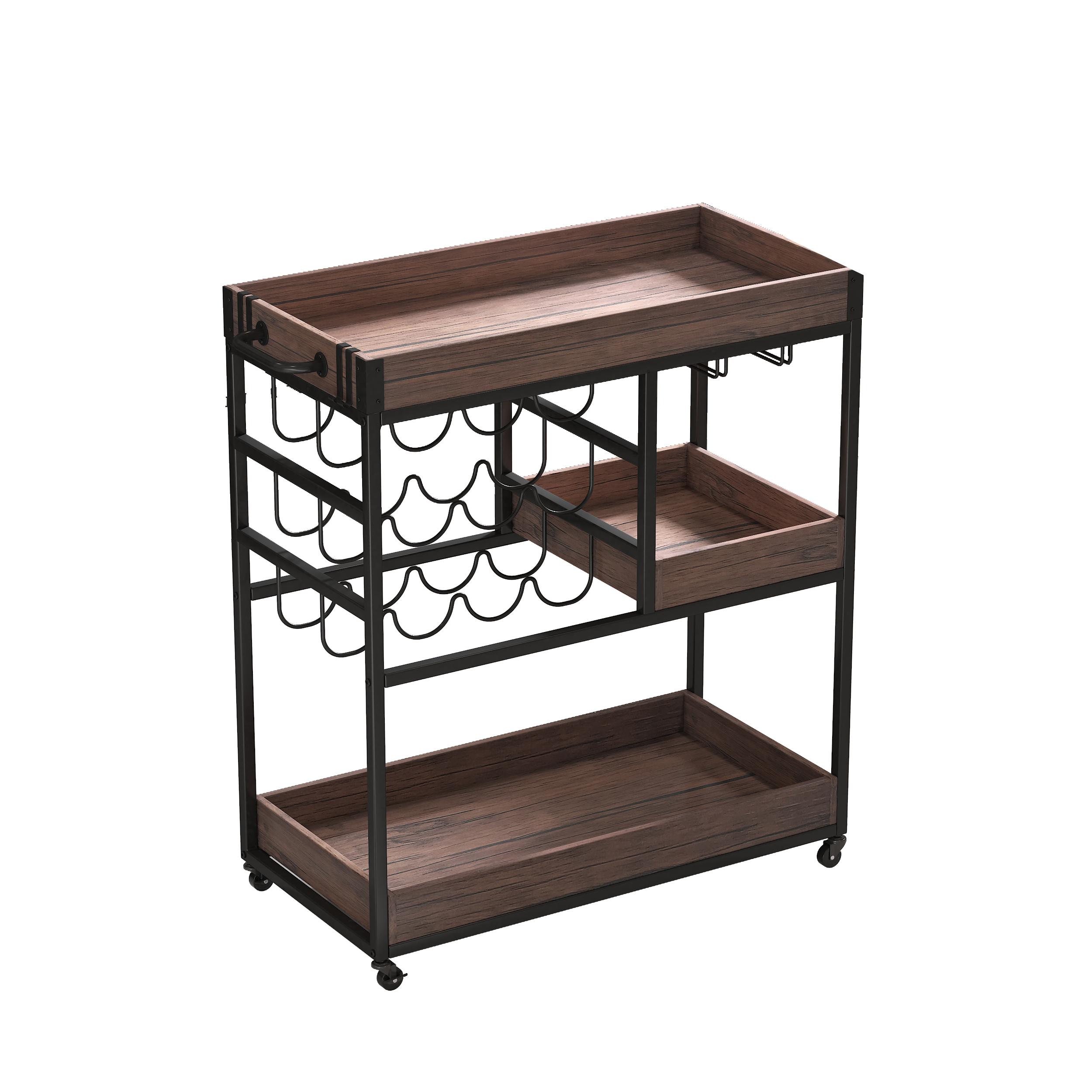 3 Tier Industrial Rolling Serving Cart with Lockable Wheels, Wine Rack Cart with Glass Holder for Indoor and Outdoor, Beverage Trolley cart with 2 Removable Tray, 