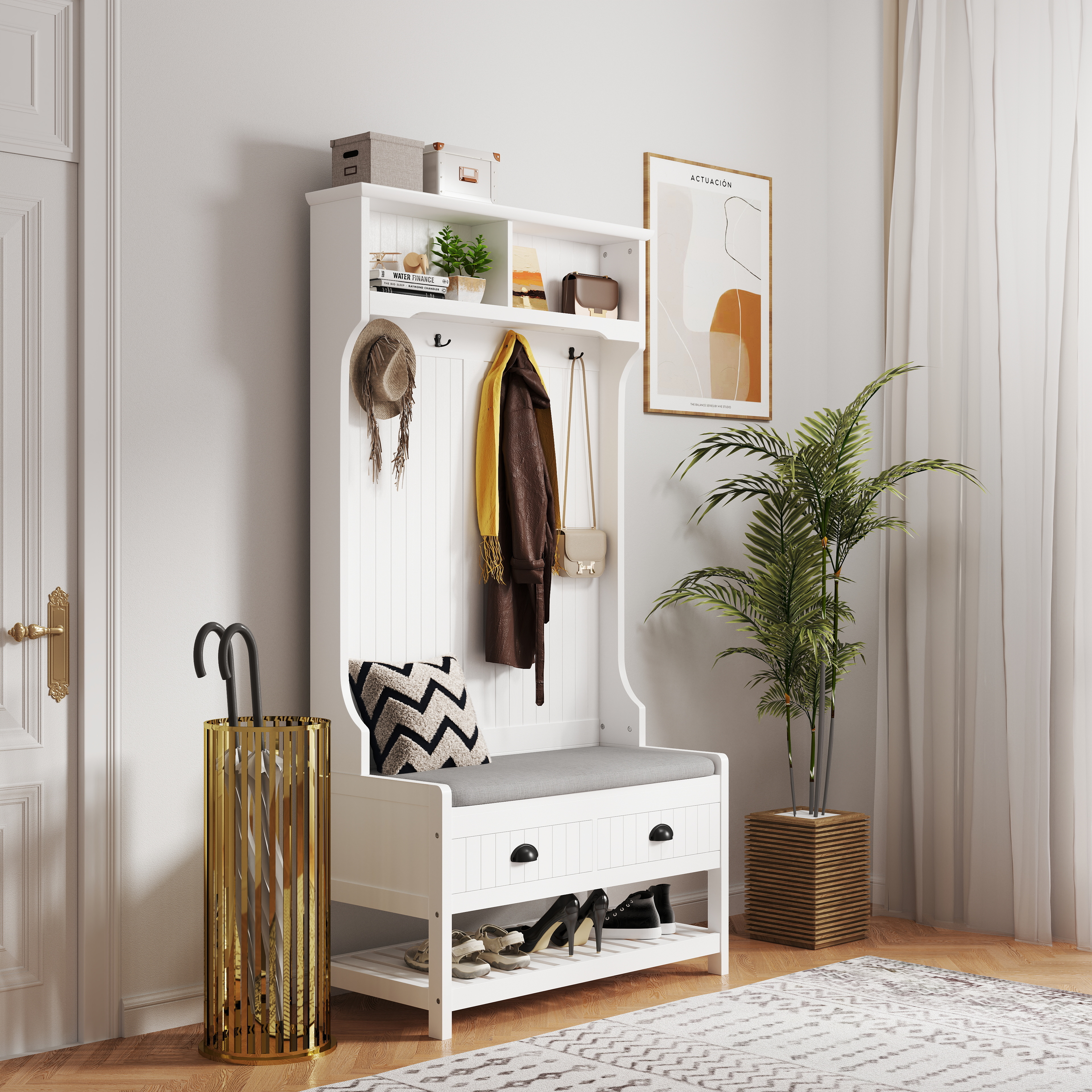 3-in-1 Hallway Hall Tree with 2 Storage Drawer and 4 Coat Rack, Wooden Entryway Shoe Rack Bench with Padded Seat Cushion, Mudroom Bench with Top Storage Shelf 