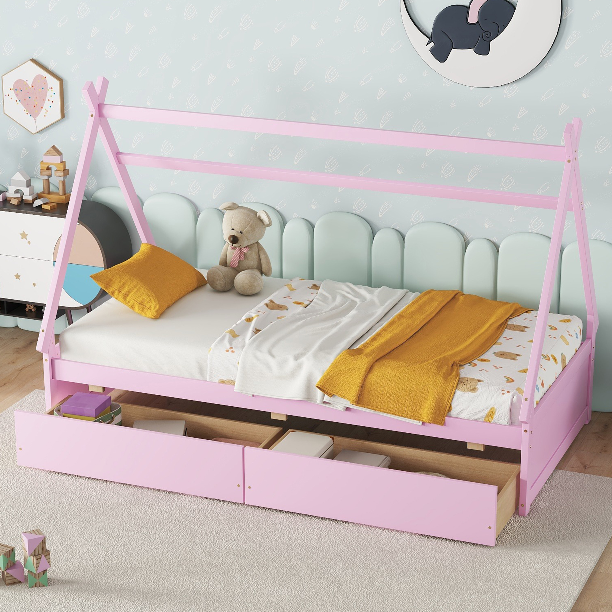 Twin Size House Platform Bed with Two Drawers,Headboard and Footboard, White/Pink 