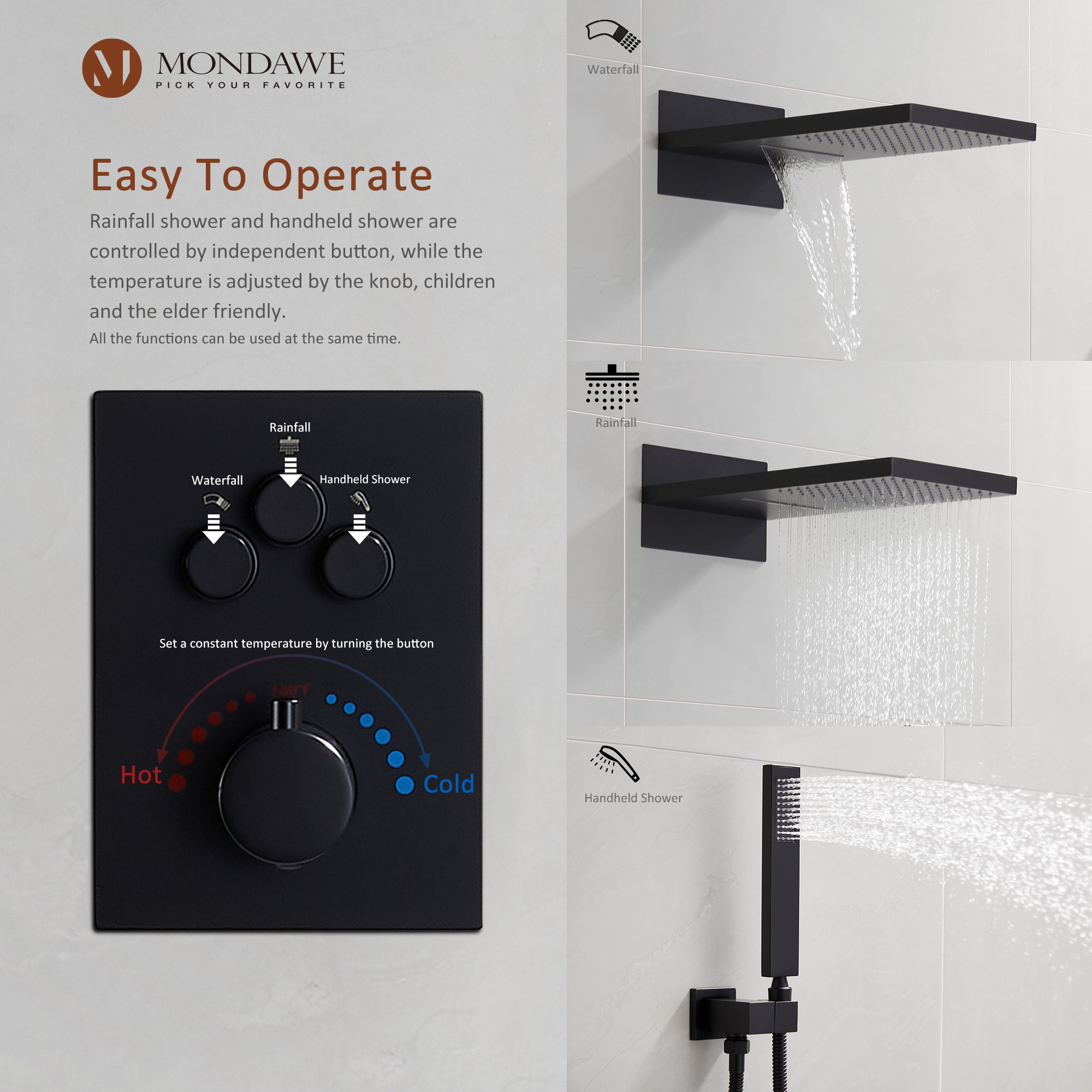 Mondawe 2 Functions Wall Mount Luxury Thermostatic Complete Shower System (Rough-In Valve Included) in Nickel/Black-Mondawe