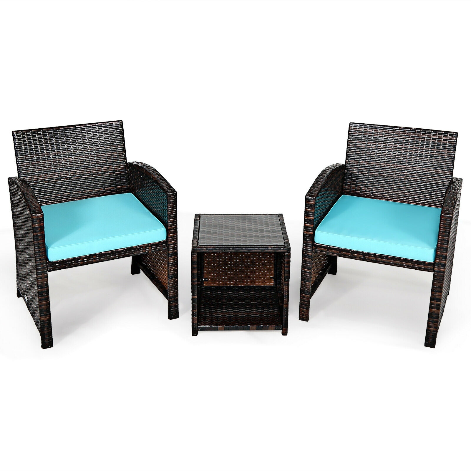 Mondawe 3 Pieces PE Rattan Wicker Furniture Set with Cushion Sofa Coffee Table for Garden-Turquoise-Mondawe