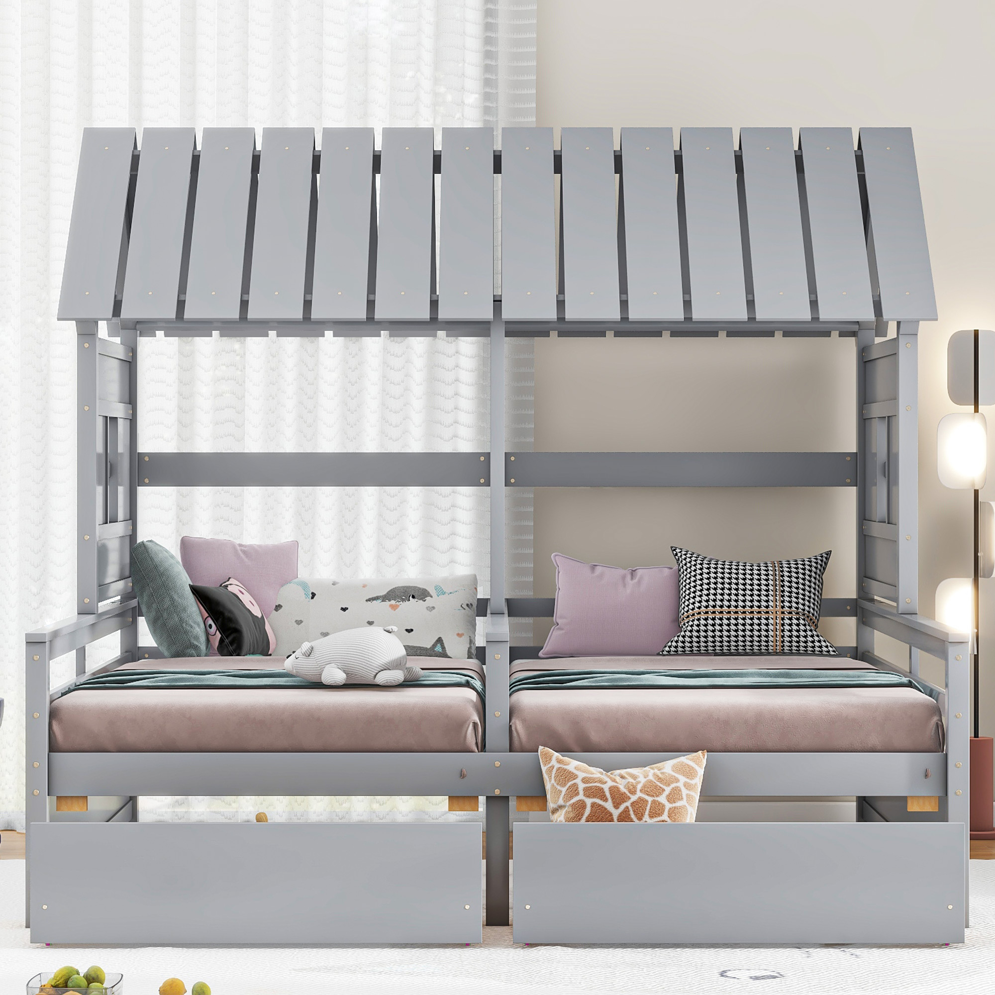 Twin Size House Platform Beds with Two Drawers for Boy and Girl Shared Beds, Combination of 2 Side by Side Twin Size Beds, Gray/White