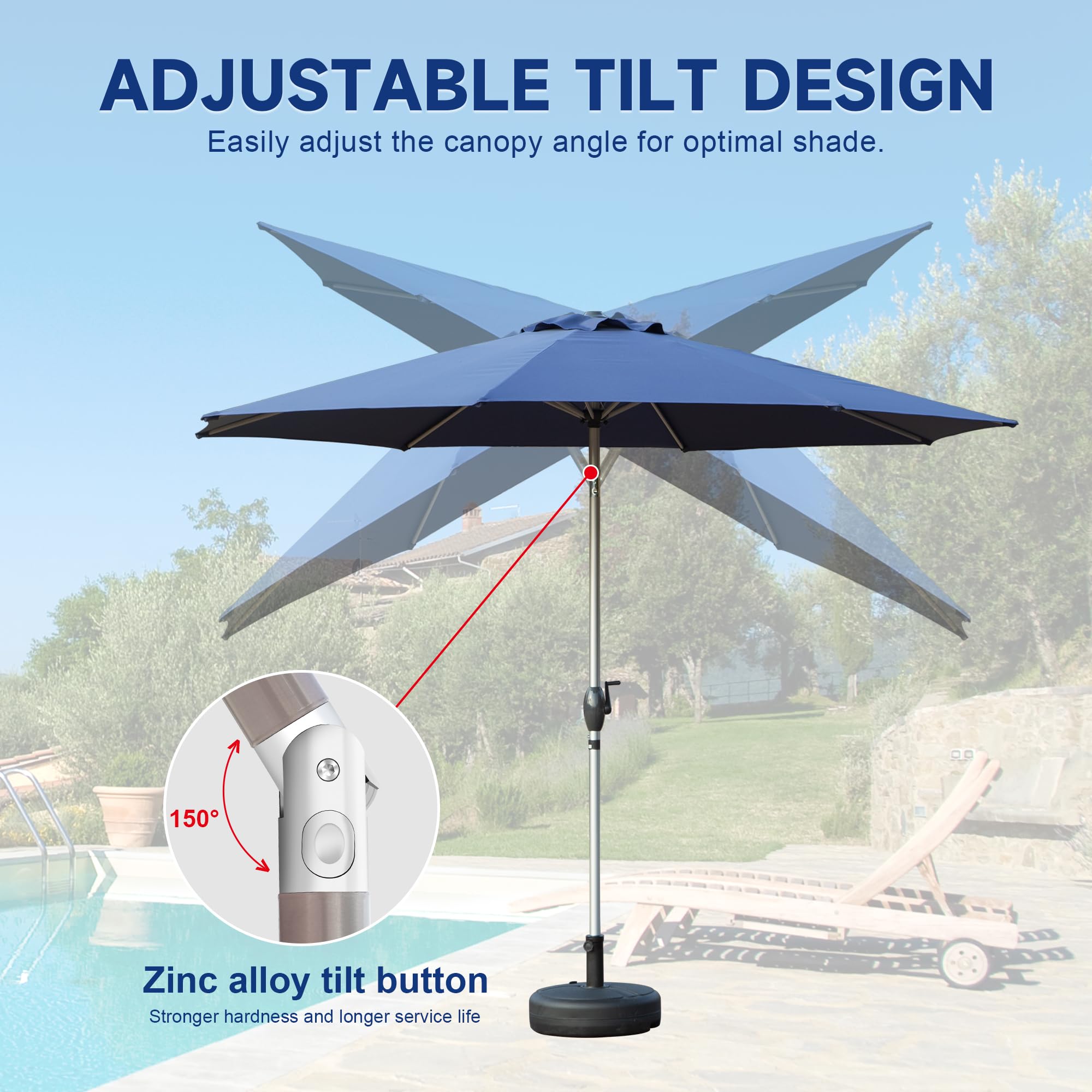 9FT Patio Umbrella, Outdoor Table Umbrella with Push Button Tilt and Crank, UV Protection Waterproof Market Sun Umbrella with 8 Sturdy Ribs for Garden, Deck, Backyard, Pool (Navy Blue/Brick red/Beige/Gray)
