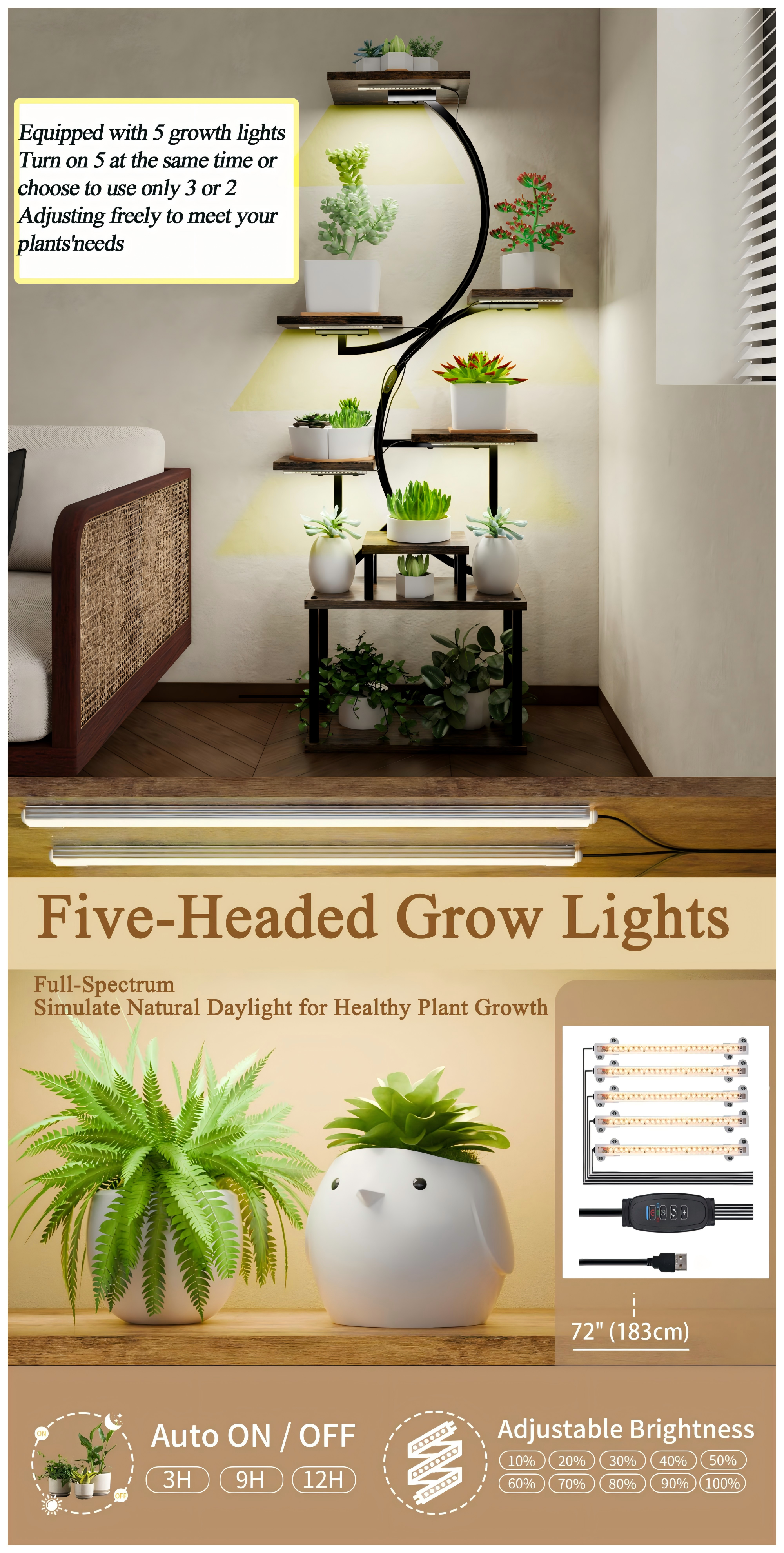 8-Tiered Indoor Plant Stand with 5 Grow Lights, 10-Level Stepless Dimming, Durable Thickened Metal Steel Pipe (0.8mm) for Living Room, Garden 