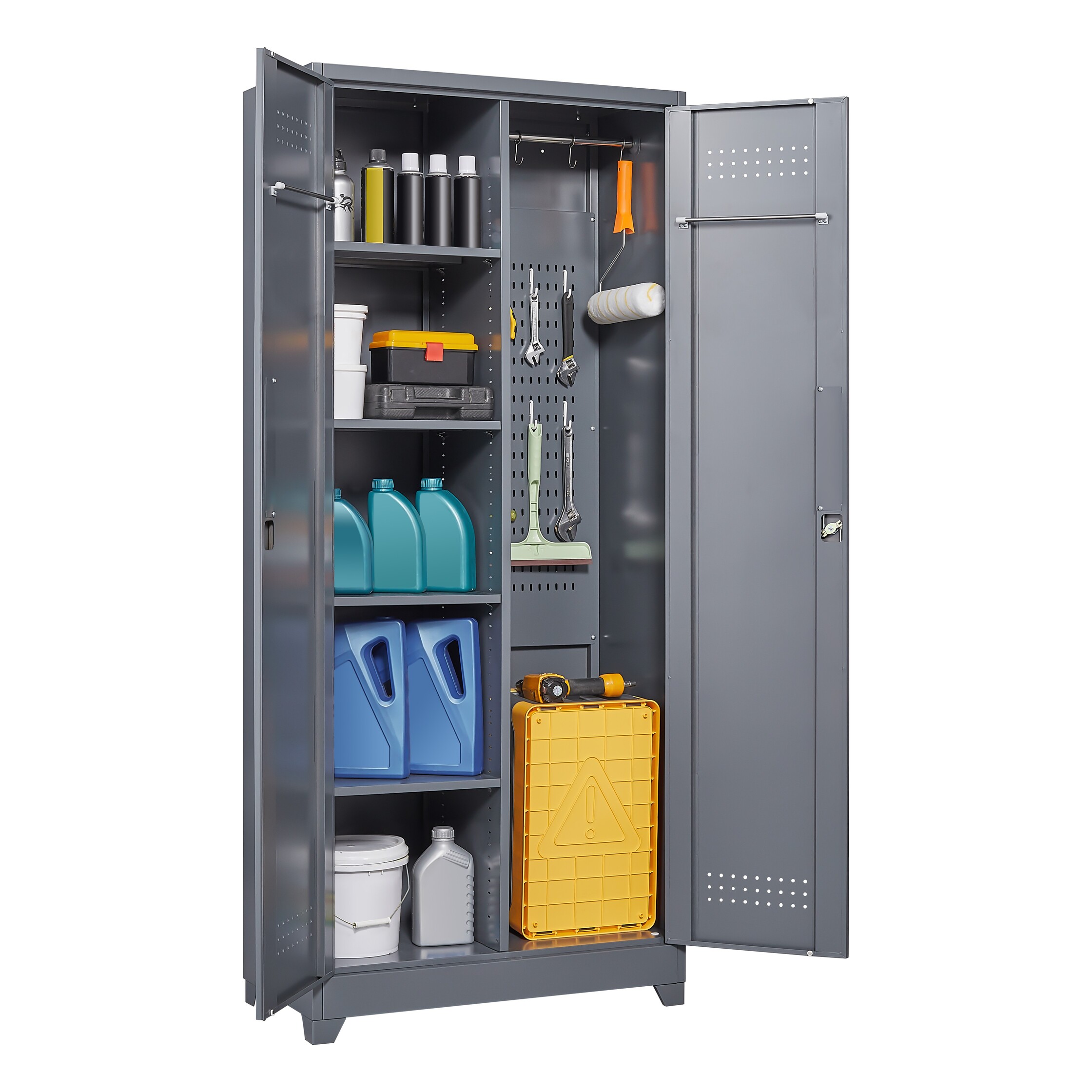 Metal Storage Cabinets, Cleaning Tool Cabinet with Locking Door, Tall Broom Tool Organizer and Storage, Large Storage Cabinet for Kitchen, Pantry, Office, Shop 