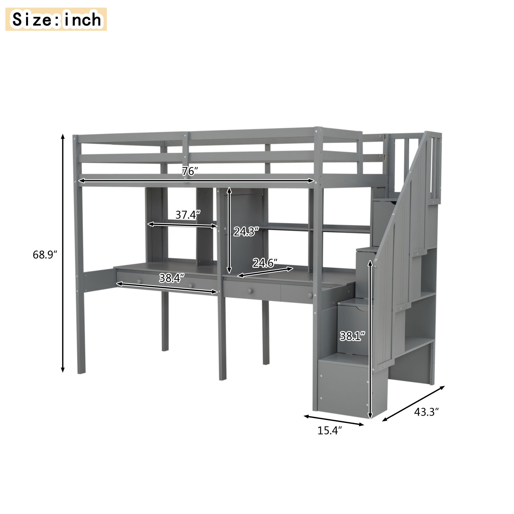 Twin Size Loft Bed Frame with Storage Staircase and Double Desks and Shelves,Gray/White