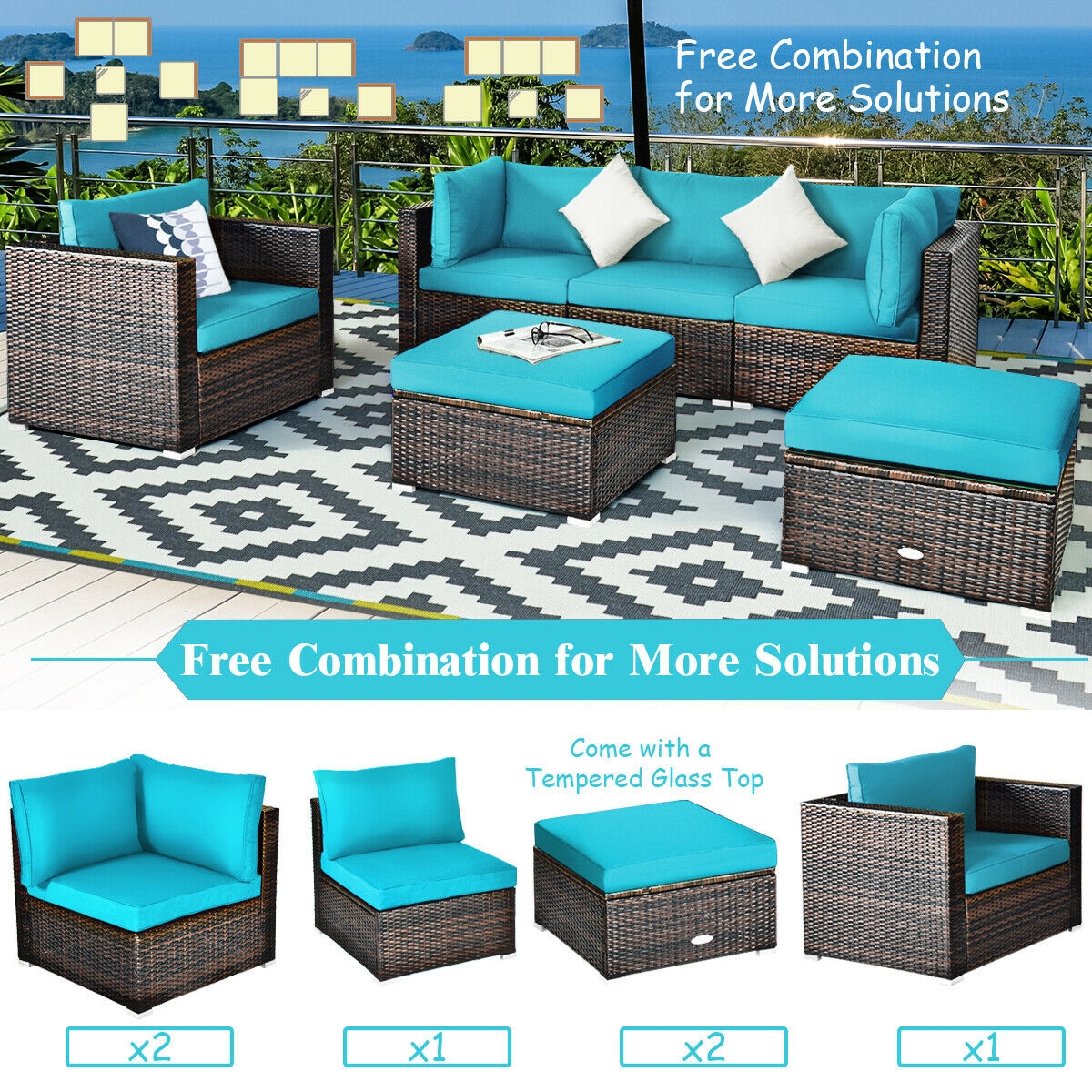 Mondawe 6 Pcs Patio Rattan Furniture Set with Sectional Cushion-Turquoise-Mondawe