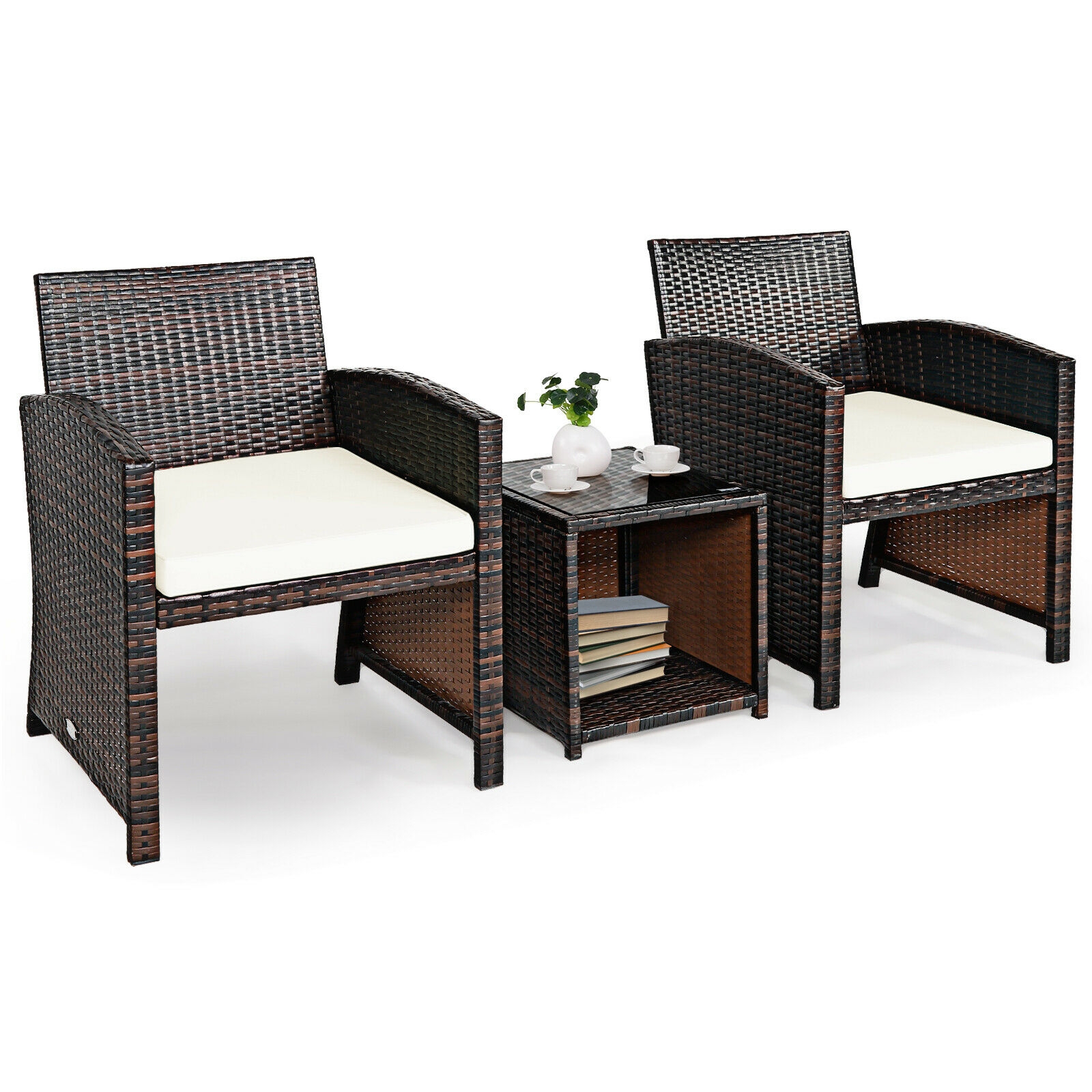 Mondawe 3 Pieces PE Rattan Wicker Furniture Set with Cushion Sofa Coffee Table for Garden-White-Mondawe