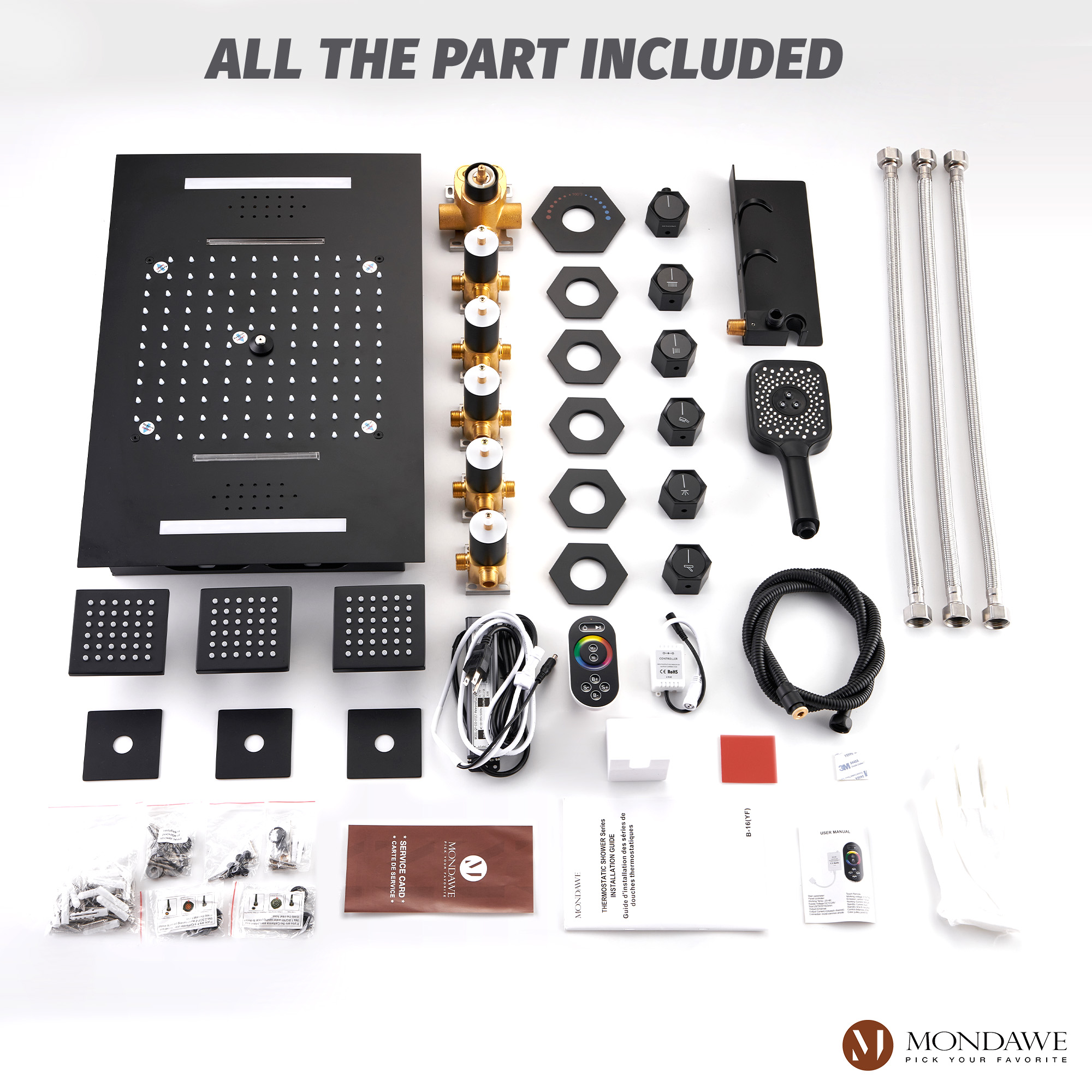 Flush-Mounted Thermostatic 3 Functions Luxury Complete Shower System with Body Jets and Shower Holder