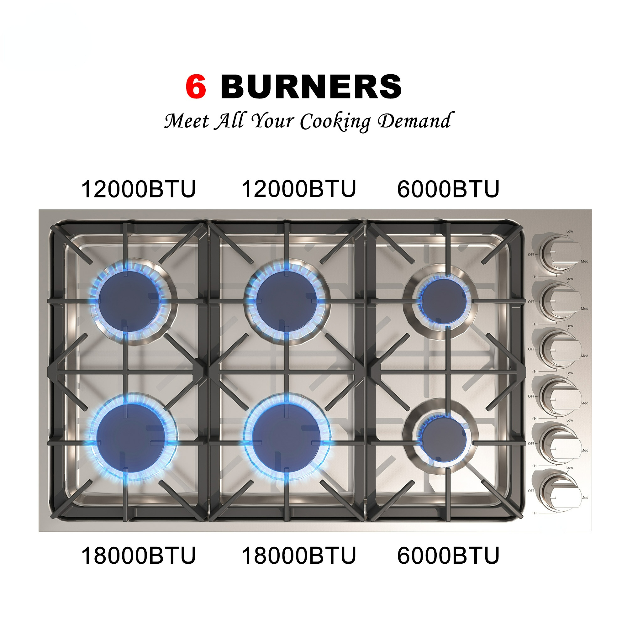 36 in. 6 Burners Recessed Gas Cooktop in Stainless Steel with LP Conversion Kit, CSA Certified