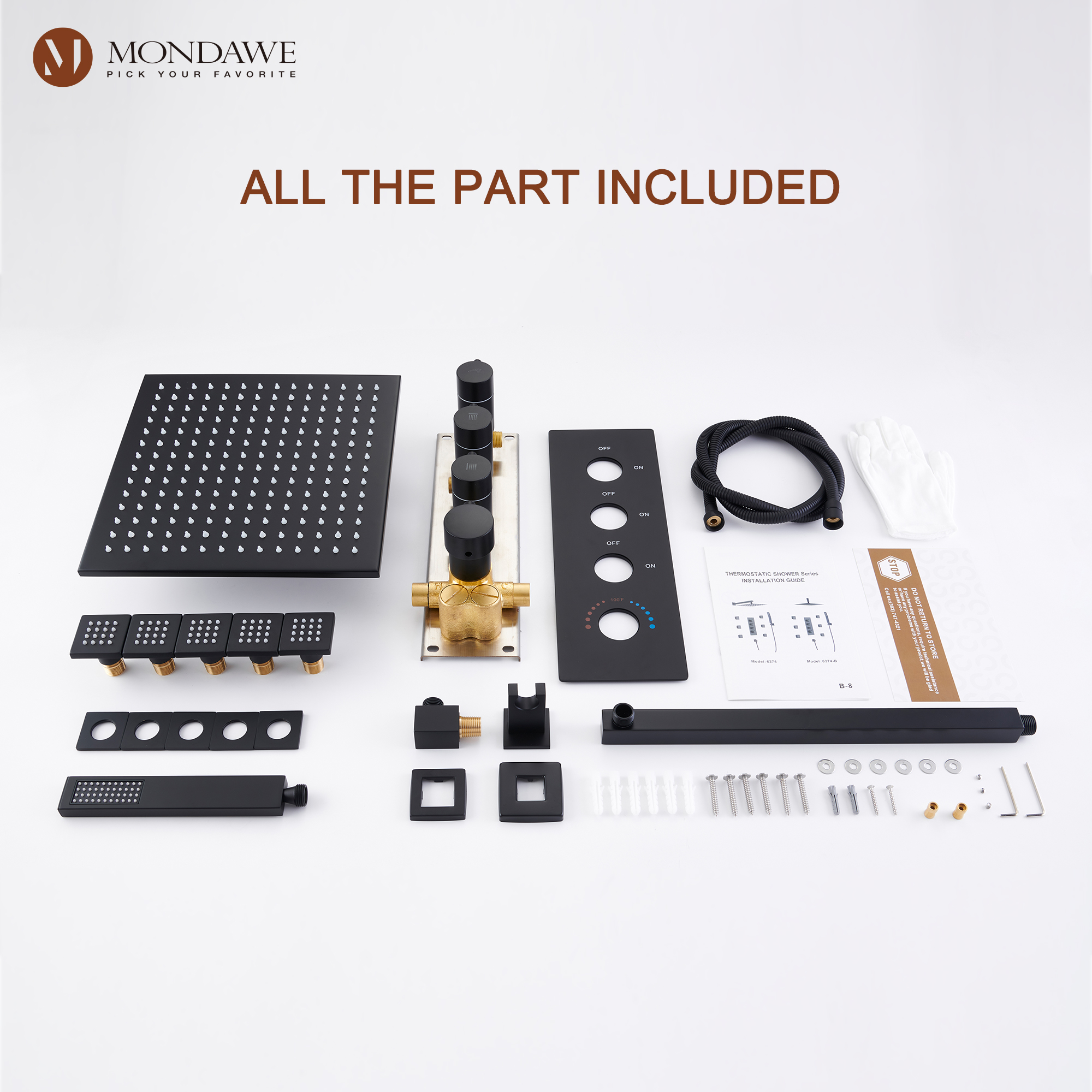 BL-Mondawe Luxury Wall Mount Rain Shower Head with 6 Shower Jet and LED 3-Spray Patterns Thermostatic 12 in. -Mondawe