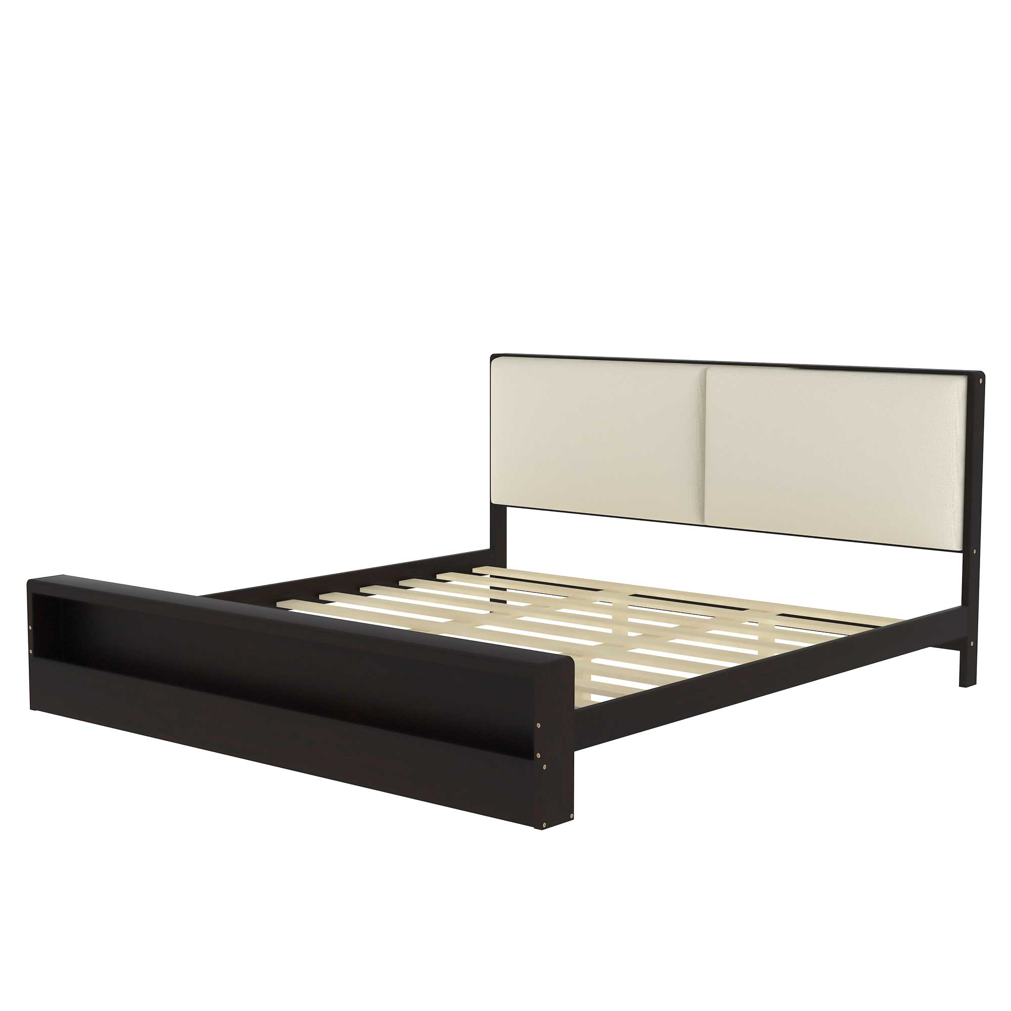 King/Queen Size Platform Bed Frame with Upholstery Headboard and Bookshelf in Footboard and LED Light Strips, Espresso
