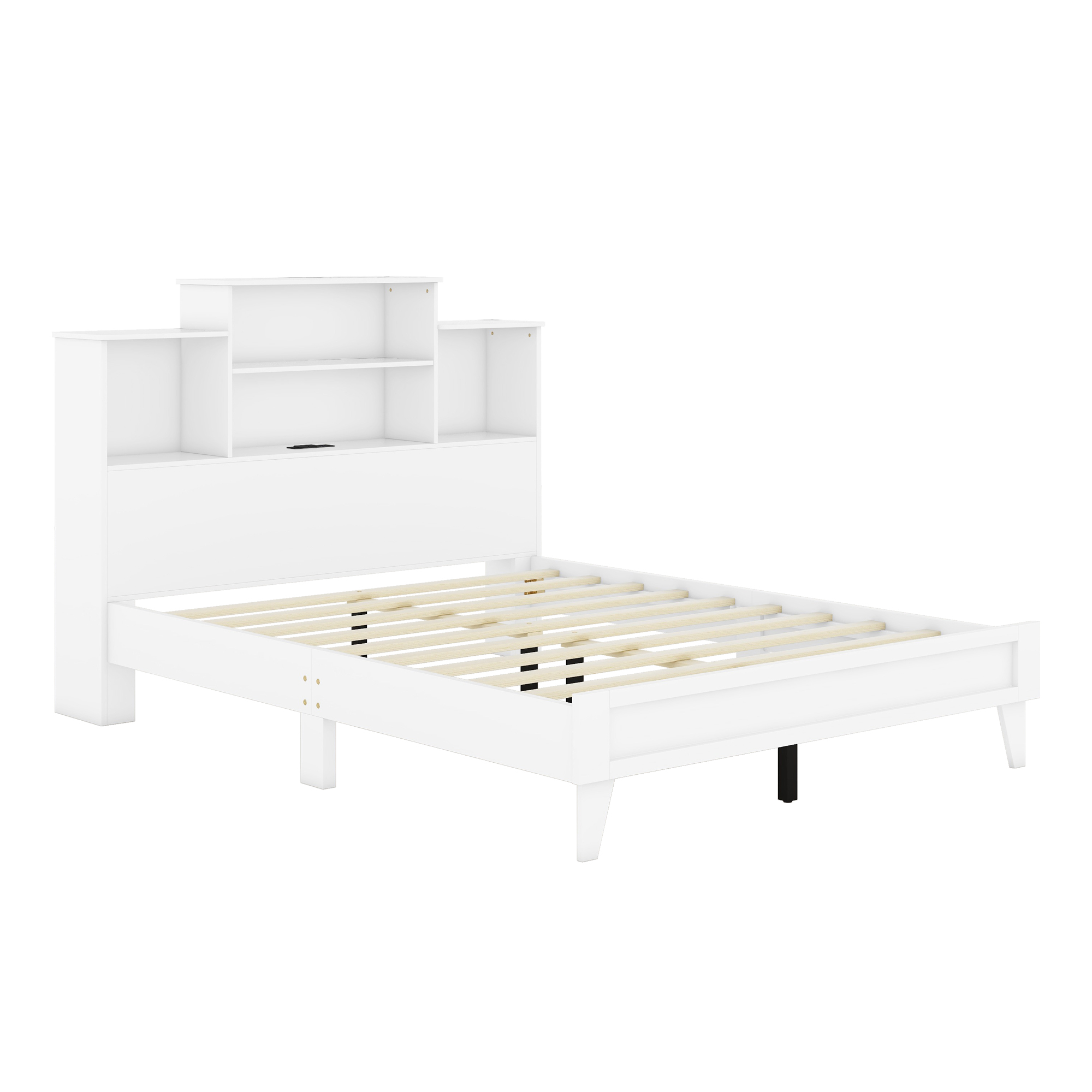 Queen Size Storage Platform Bed Frame with 4 Open Storage Shelves and USB Charging Design,White 