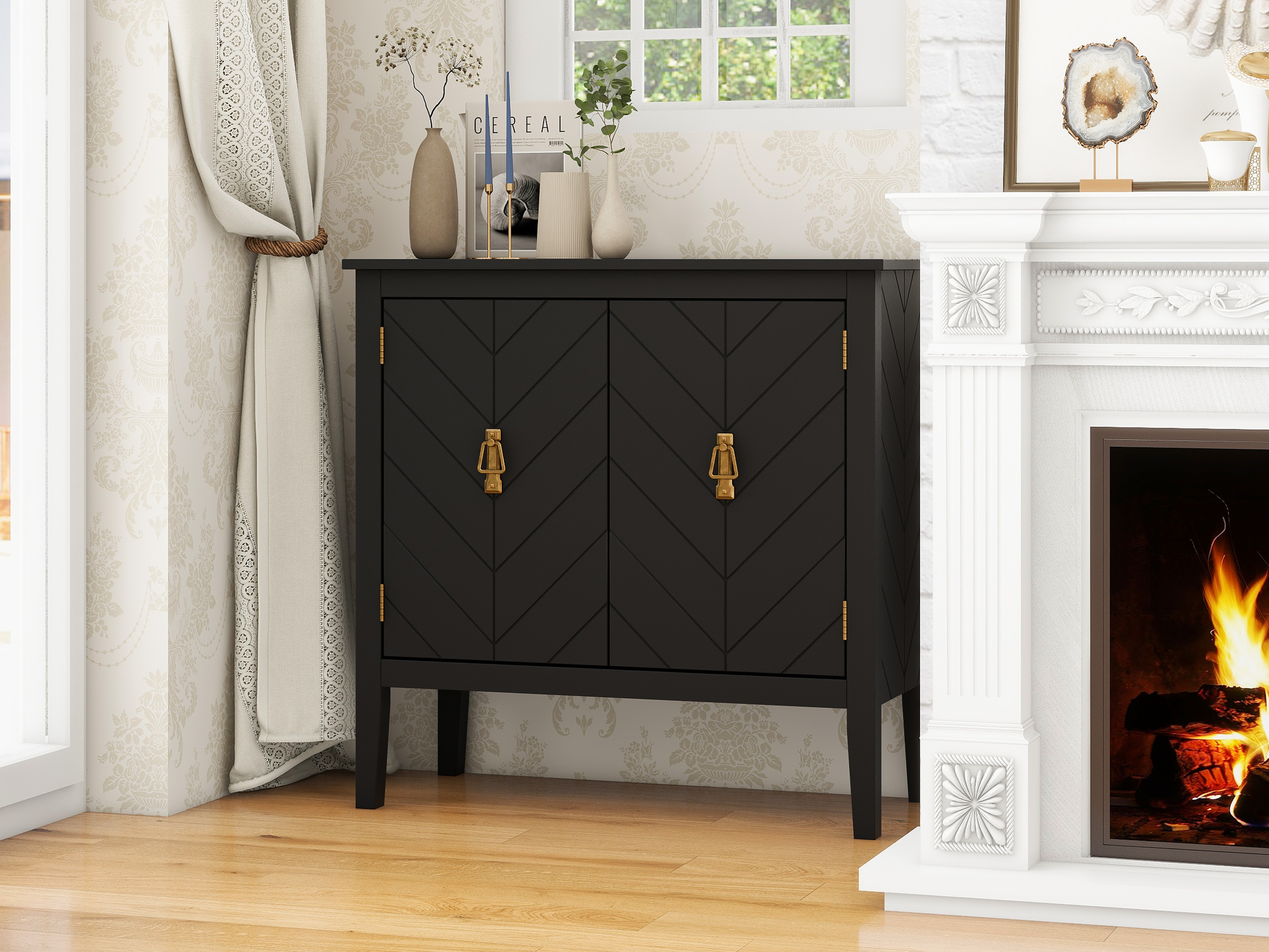 2 Door Wooden Cabinets, Black/Gray Wood Cabinet Vintage  Style Sideboard for Living Room Dining Room Office