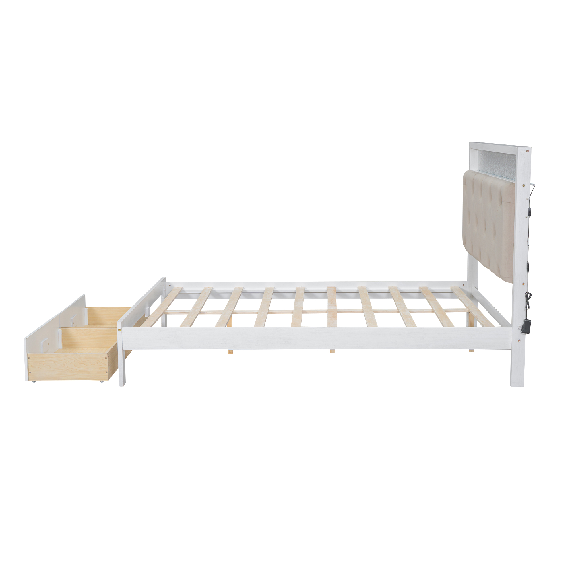 Wood Queen/Full Size Platform Bed with Upholstered Headboard and LED and 2 Drawers, Antique White 