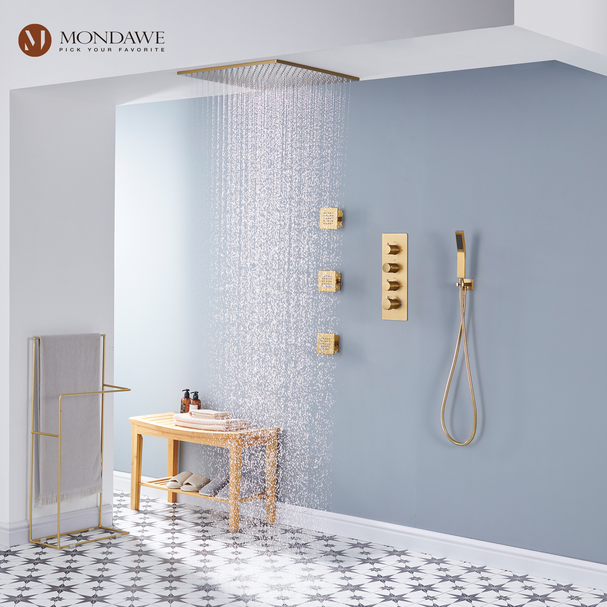 20 Inch Ceiling Mounted Rain Shower Head System Luxury 3-Spray Patterns Thermostatic Shower Faucets Sets Complete with 3-Function Shower Head and Solid Brass Handshower-Mondawe