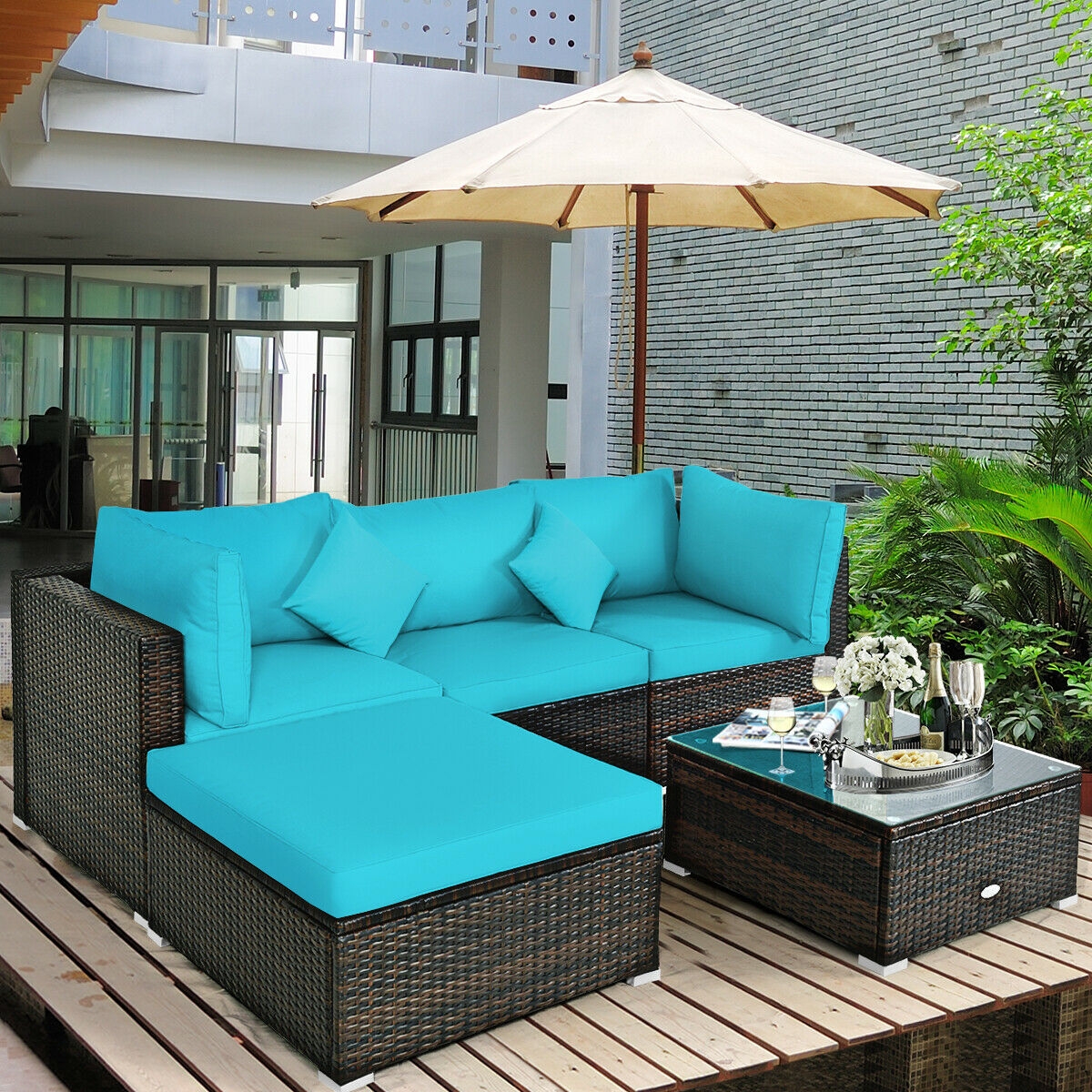 Mondawe 5 Pcs Outdoor Patio Rattan Furniture Set Sectional Conversation-Mondawe
