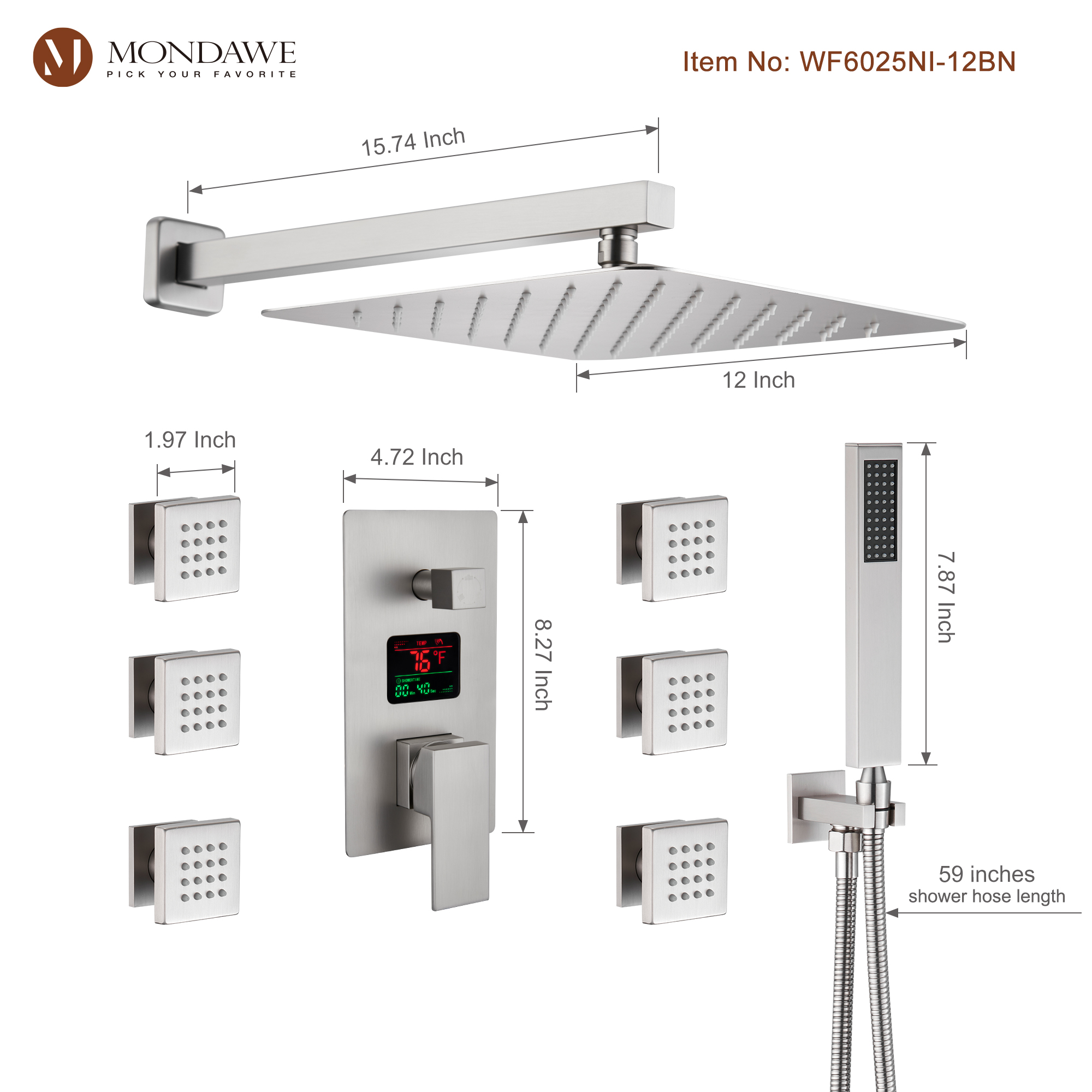 Mondawe Wall Mount Pressure Balanced Rain Shower Head System with Body Sprayers Handheld Shower and Digital Display-Mondawe