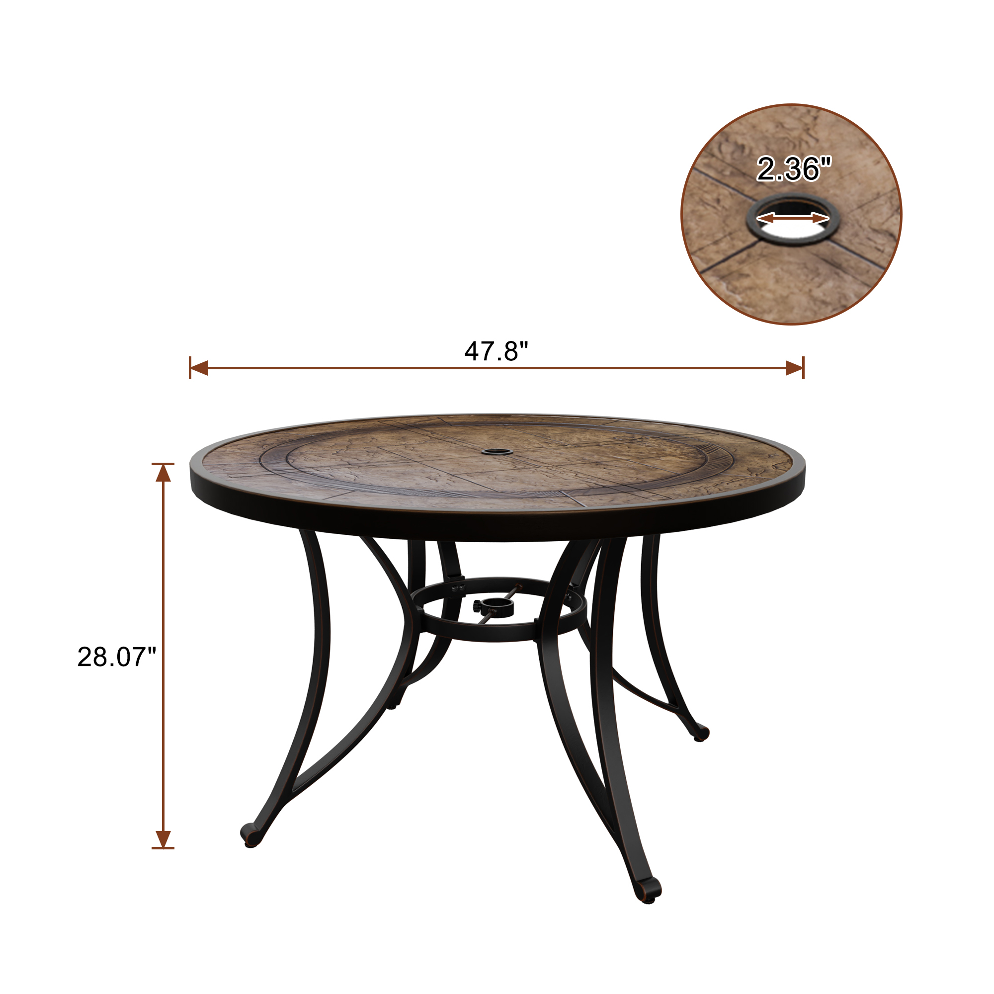 Dark Gold Round Aluminum 28 in. H Faux Wood Top Outdoor Patio Dining Table with Umbrella Hole-Boyelliving
