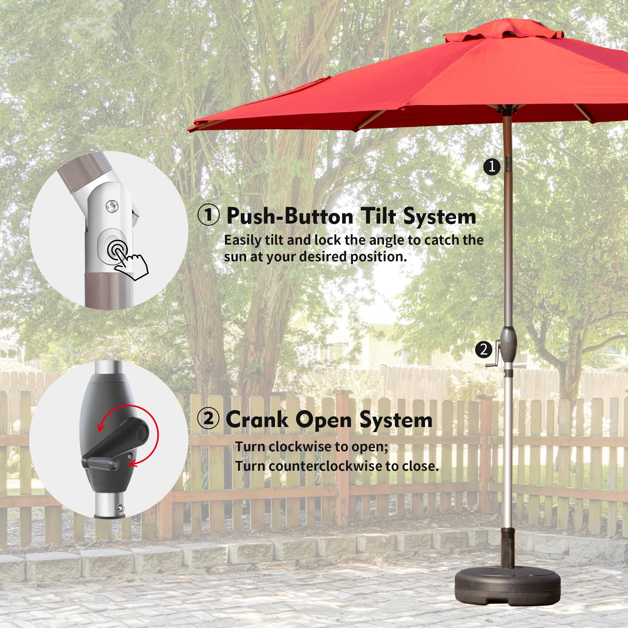10FT Patio Umbrella, Outdoor Table Umbrella with Push Button Tilt and Crank, UV Protection Waterproof Market Sun Umbrella with 8 Sturdy Ribs for Garden, Deck, Backyard, Pool (Brick red /Navy Blue /Gray)